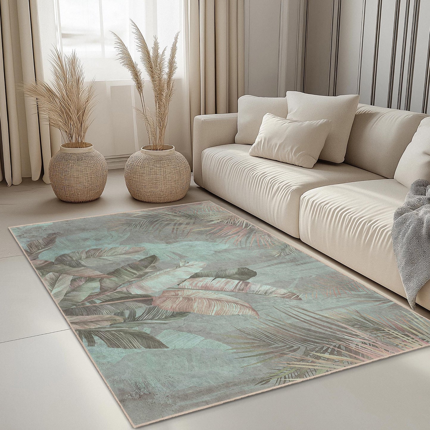Rechteckiger Teppich mit botanischem Blattmuster | Weicher Baumwollteppich | Stilvolle Wohndekoration | Tropischer Indoor-Teppich