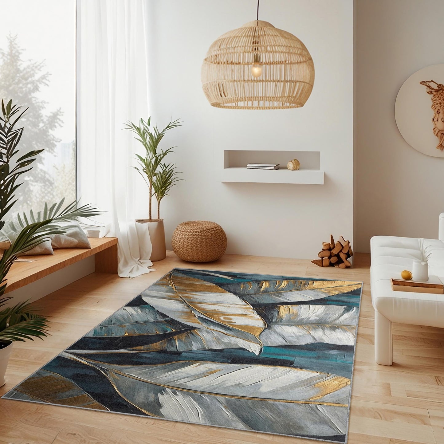 Rechteckiger Teppich mit Blattgoldmuster | Eleganter, einfarbiger Blattgoldteppich | Moderne Wohndekoration | Stilvolle Wohnzimmermatte