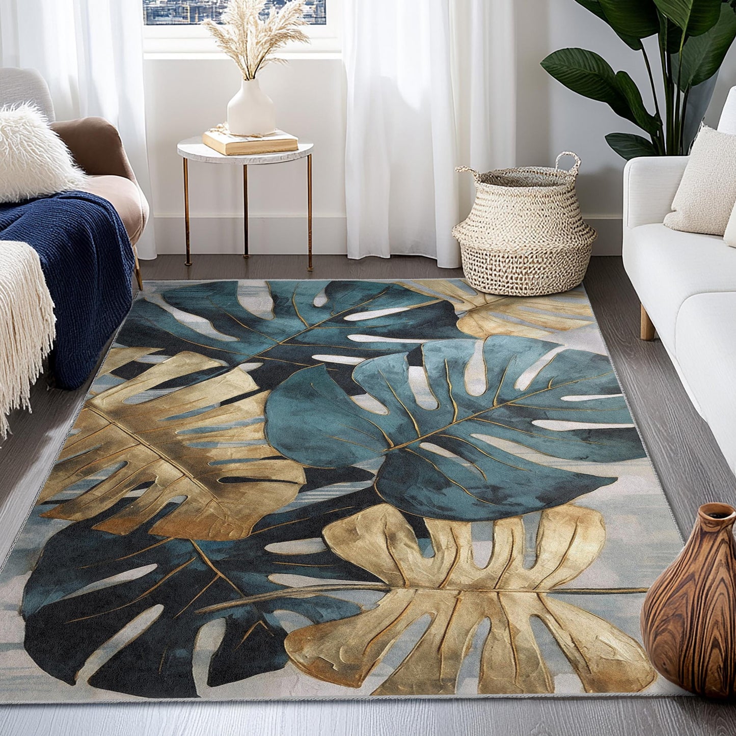 Rechteckiger Teppich mit tropischem Monstera-Blättermuster | Elegantes Design in Gold und Türkis | Moderner Wohnzimmerteppich | Stilvolle Wohnaccessoires