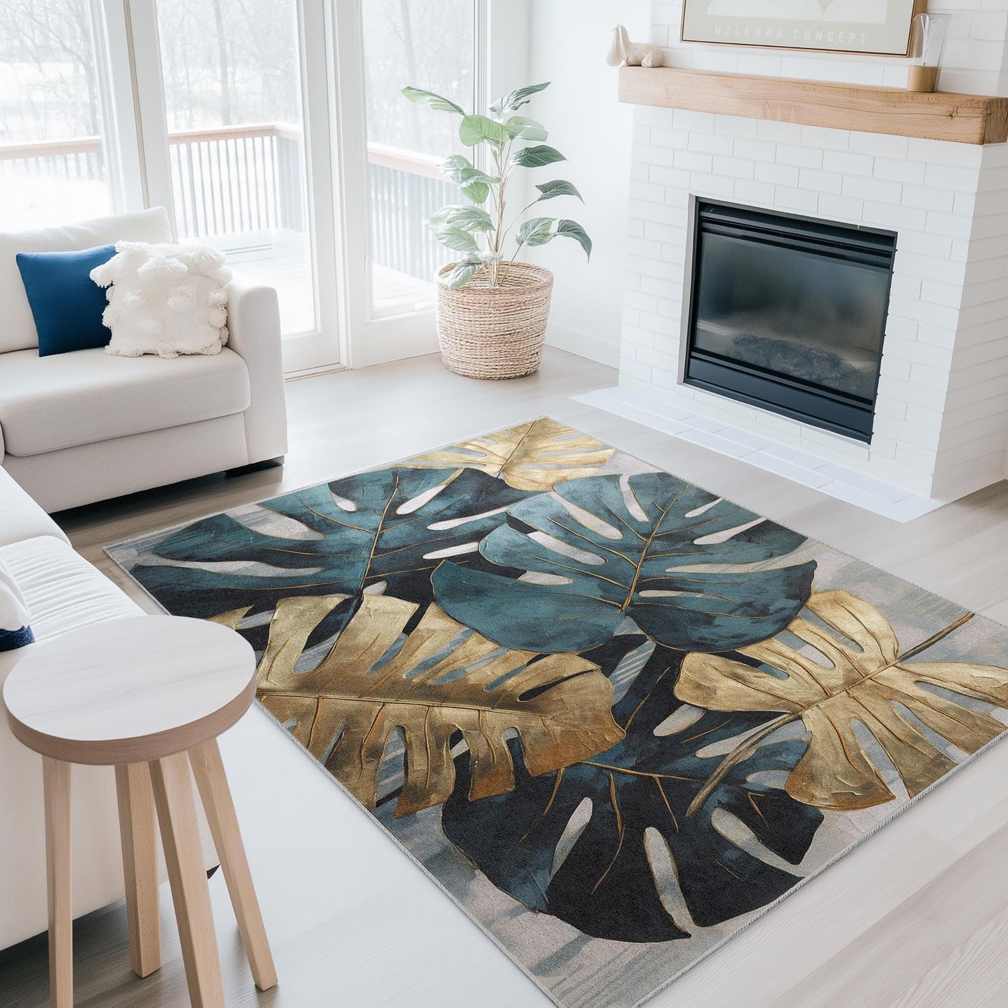 Rechteckiger Teppich mit tropischem Monstera-Blättermuster | Elegantes Design in Gold und Türkis | Moderner Wohnzimmerteppich | Stilvolle Wohnaccessoires