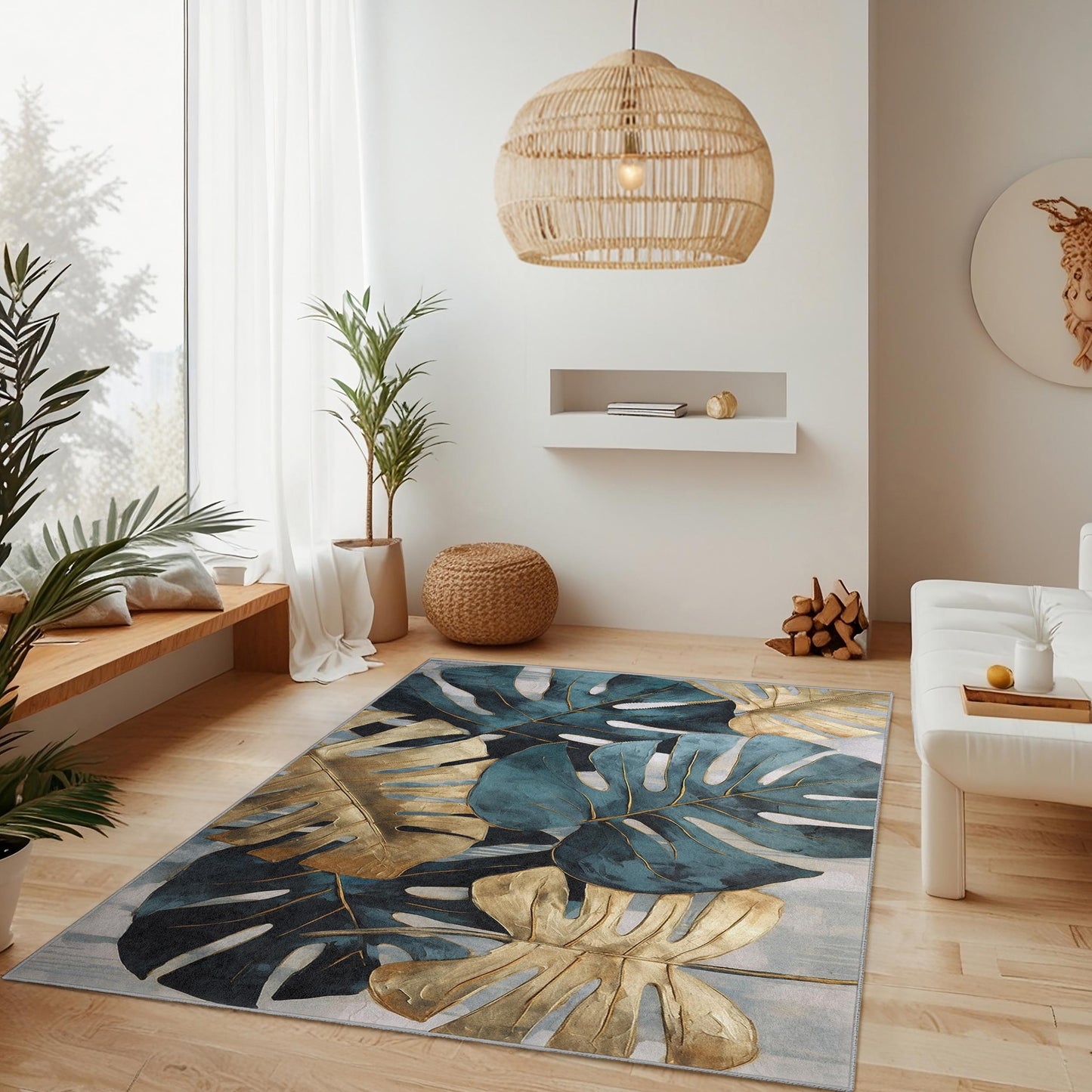 Rechteckiger Teppich mit tropischem Monstera-Blättermuster | Elegantes Design in Gold und Türkis | Moderner Wohnzimmerteppich | Stilvolle Wohnaccessoires