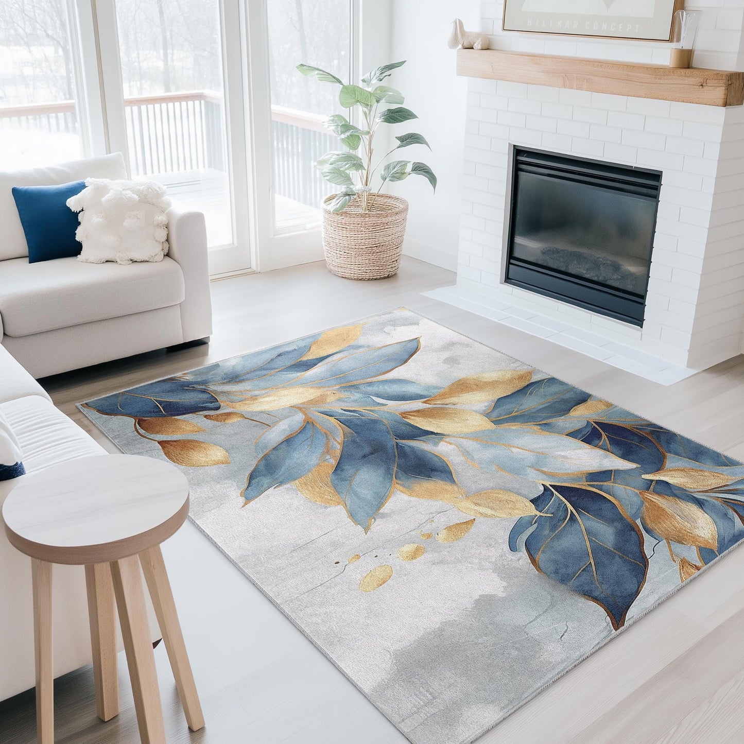 Moderner abstrakter Teppich | Eleganter rechteckiger Teppich mit blauem und goldenem Blattmuster | Weich und waschbar