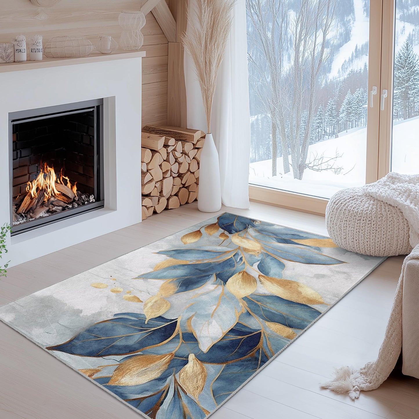 Moderner abstrakter Teppich | Eleganter rechteckiger Teppich mit blauem und goldenem Blattmuster | Weich und waschbar