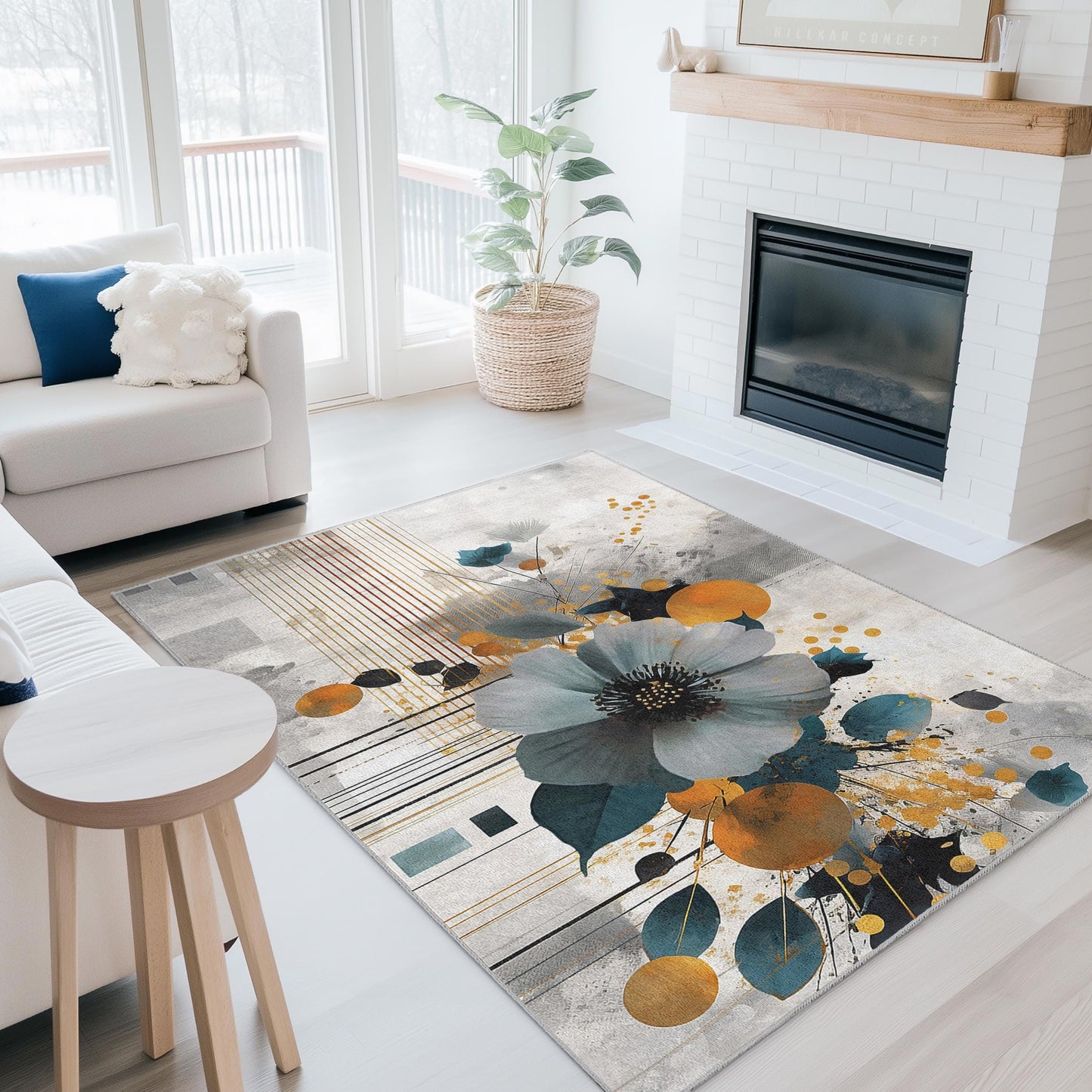 Rechteckiger Teppich mit abstraktem Blumenmuster | Moderner Wohnteppich | Stilvoller Wohnzimmerteppich | Eleganter Teppich mit Blumendruck