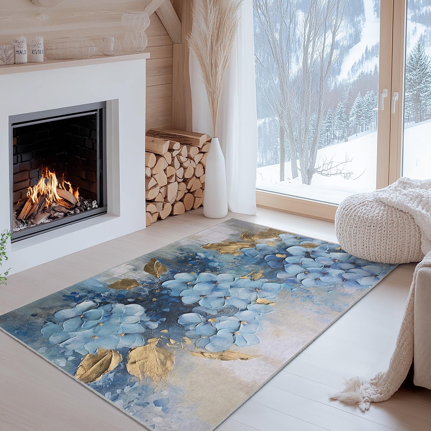 Eleganter rechteckiger Teppich mit blauem Blumenmuster | Luxuriöser Teppich mit Blumendekor | Moderne Wohndekoration | Weiche Baumwollmatte