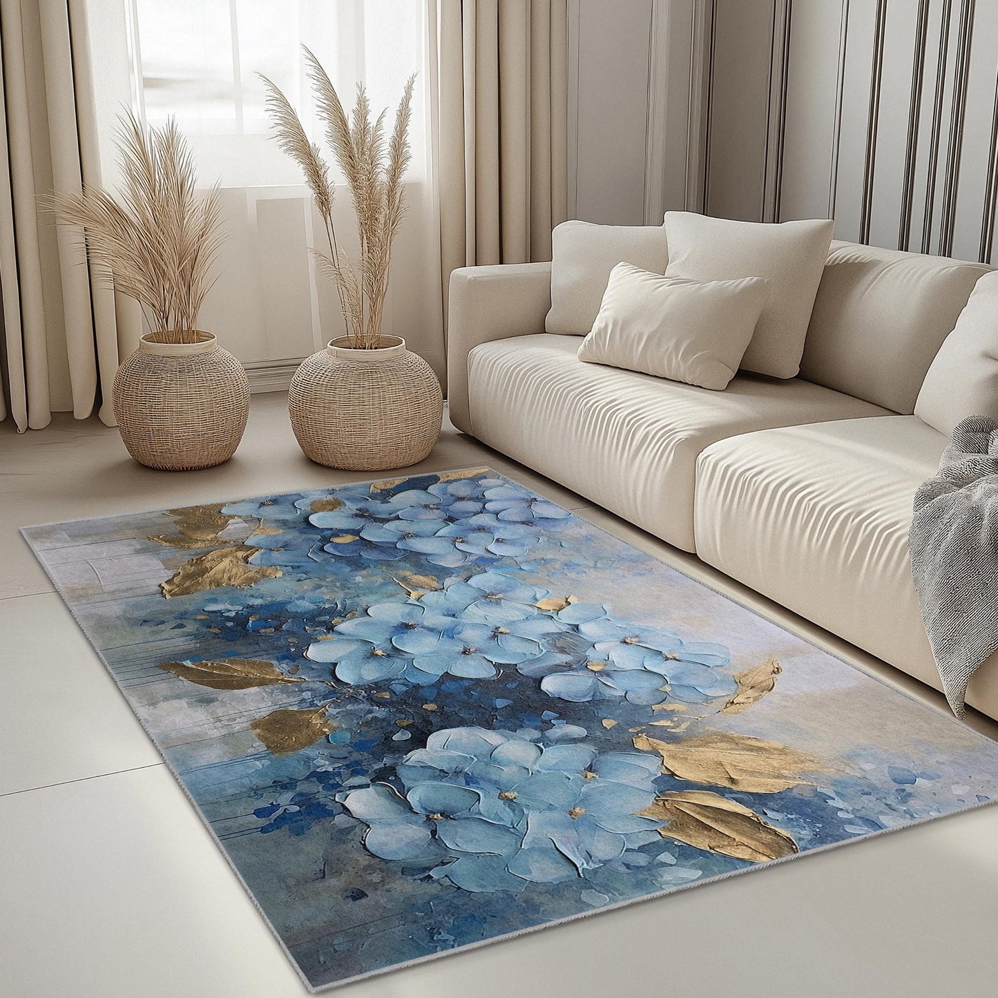 Eleganter rechteckiger Teppich mit blauem Blumenmuster | Luxuriöser Teppich mit Blumendekor | Moderne Wohndekoration | Weiche Baumwollmatte