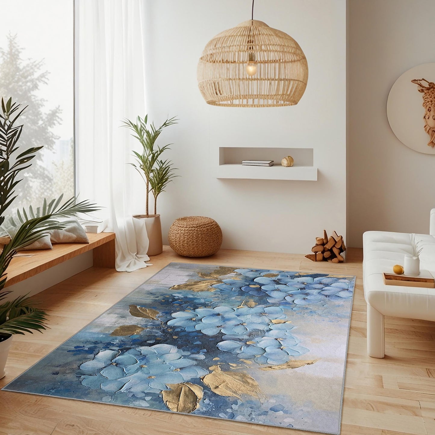 Eleganter rechteckiger Teppich mit blauem Blumenmuster | Luxuriöser Teppich mit Blumendekor | Moderne Wohndekoration | Weiche Baumwollmatte