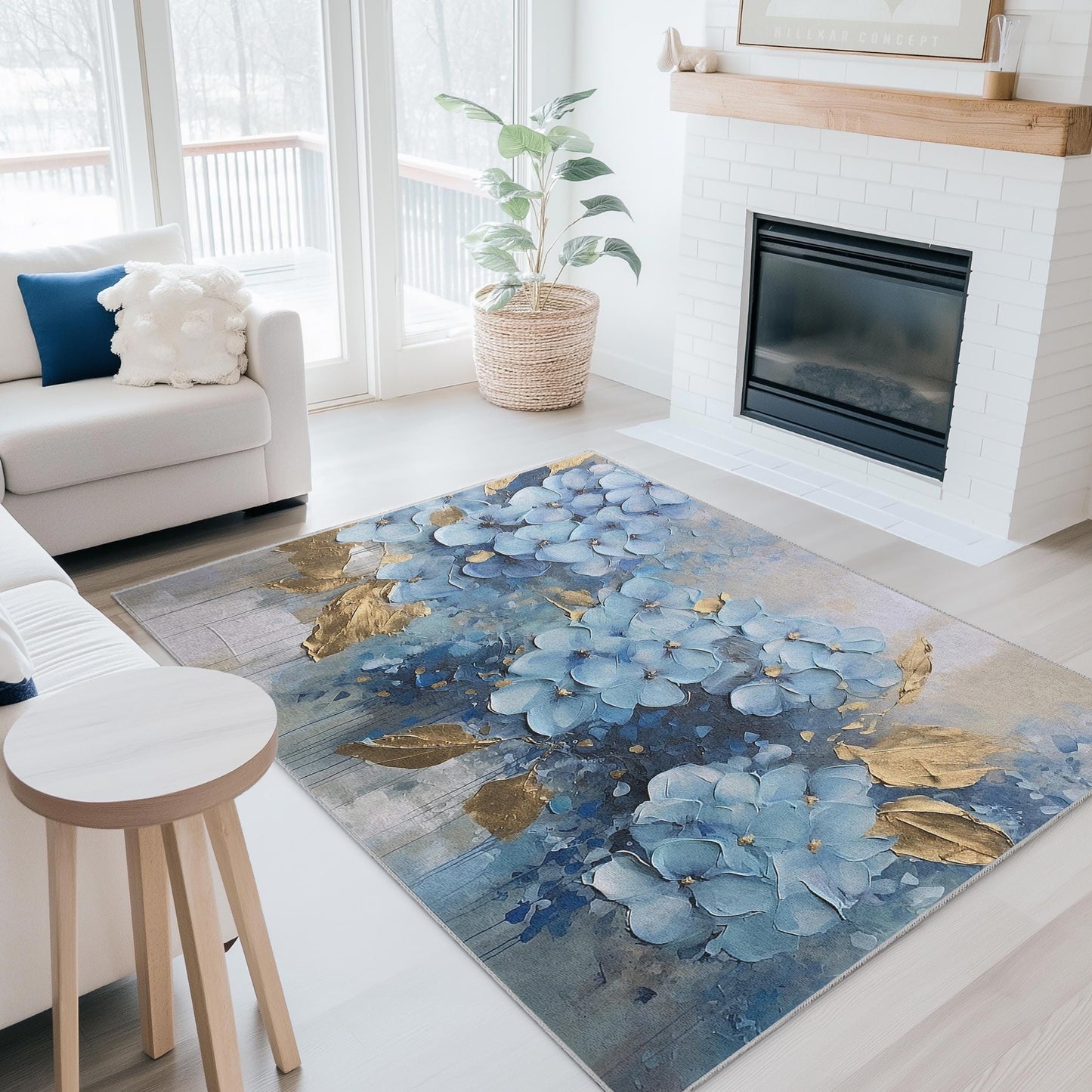 Eleganter rechteckiger Teppich mit blauem Blumenmuster | Luxuriöser Teppich mit Blumendekor | Moderne Wohndekoration | Weiche Baumwollmatte