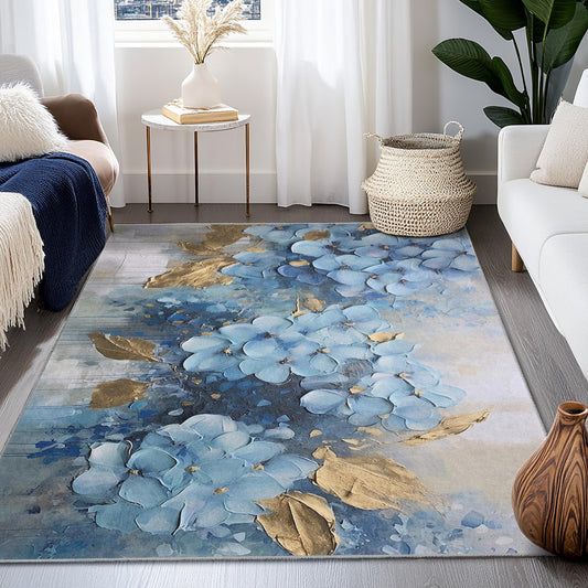 Elegant Blue Floral Rectangular Rug | Luxurious Flower Design Carpet | Modern Home Decor | Soft Cotton Area Mat