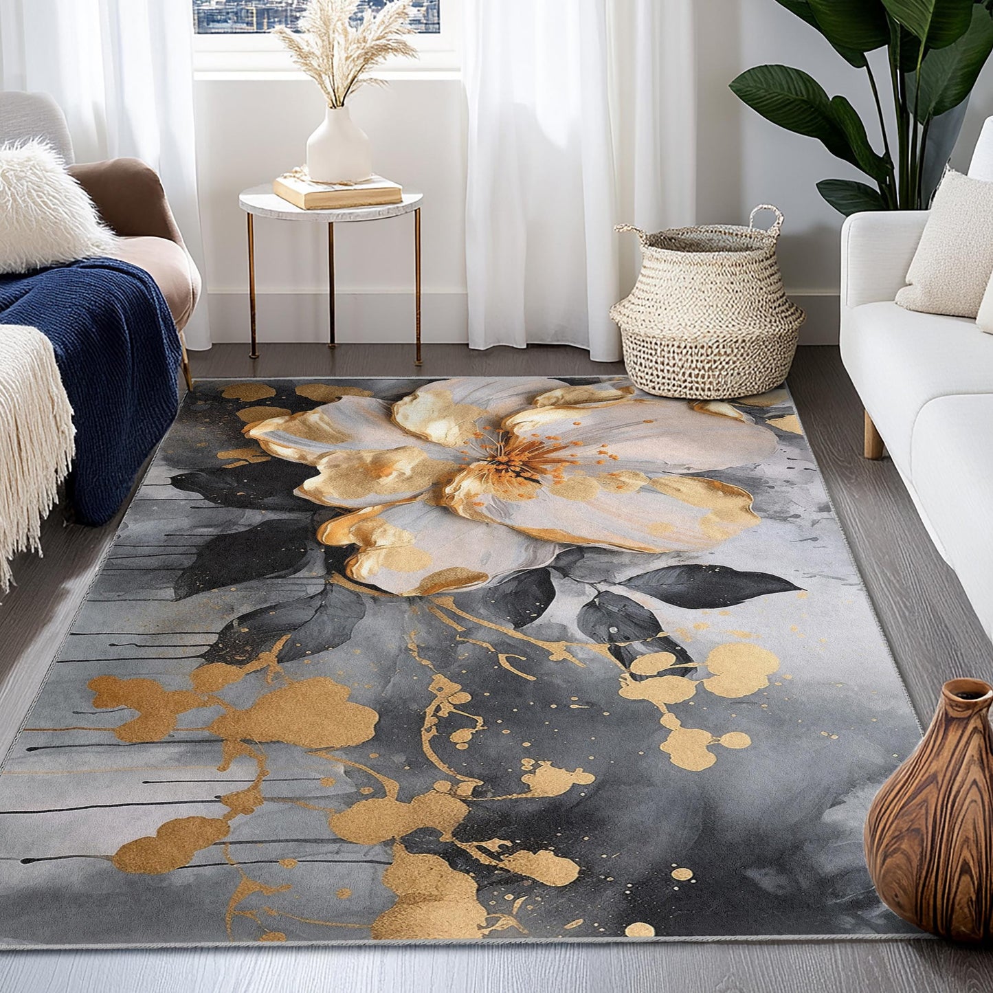 Goldenes und schwarzes Blumenmuster | Eleganter rechteckiger Teppich mit floralem Motiv | Dekorativer Teppich für Wohn- oder Schlafzimmer