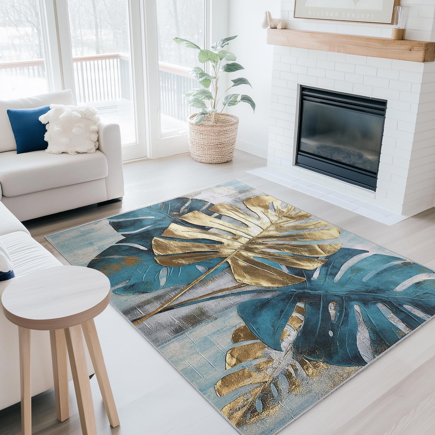 Runder Teppich mit tropischem Monstera-Blatt | Stilvolle Boho-Deko fürs Wohnzimmer | Weicher, waschbarer Teppich | Elegantes Wohnaccessoire