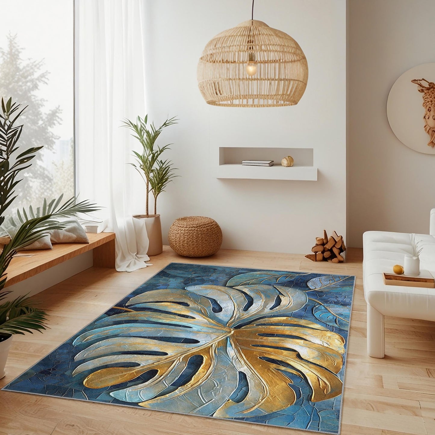 Eleganter rechteckiger Teppich mit Monstera-Blattmuster in Gold und Blau | Tropische Wohndekoration | Stilvoller Wohnzimmerteppich