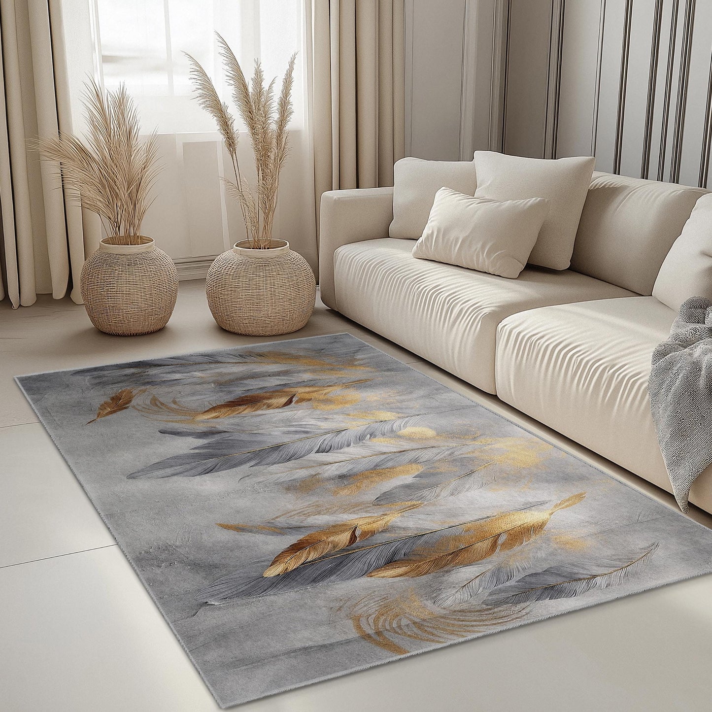 Eleganter rechteckiger Teppich mit Federdesign | Modernes Wohnambiente in Gold und Grau | Stilvoller Wohnzimmerteppich | Weiche, waschbare Fußmatte