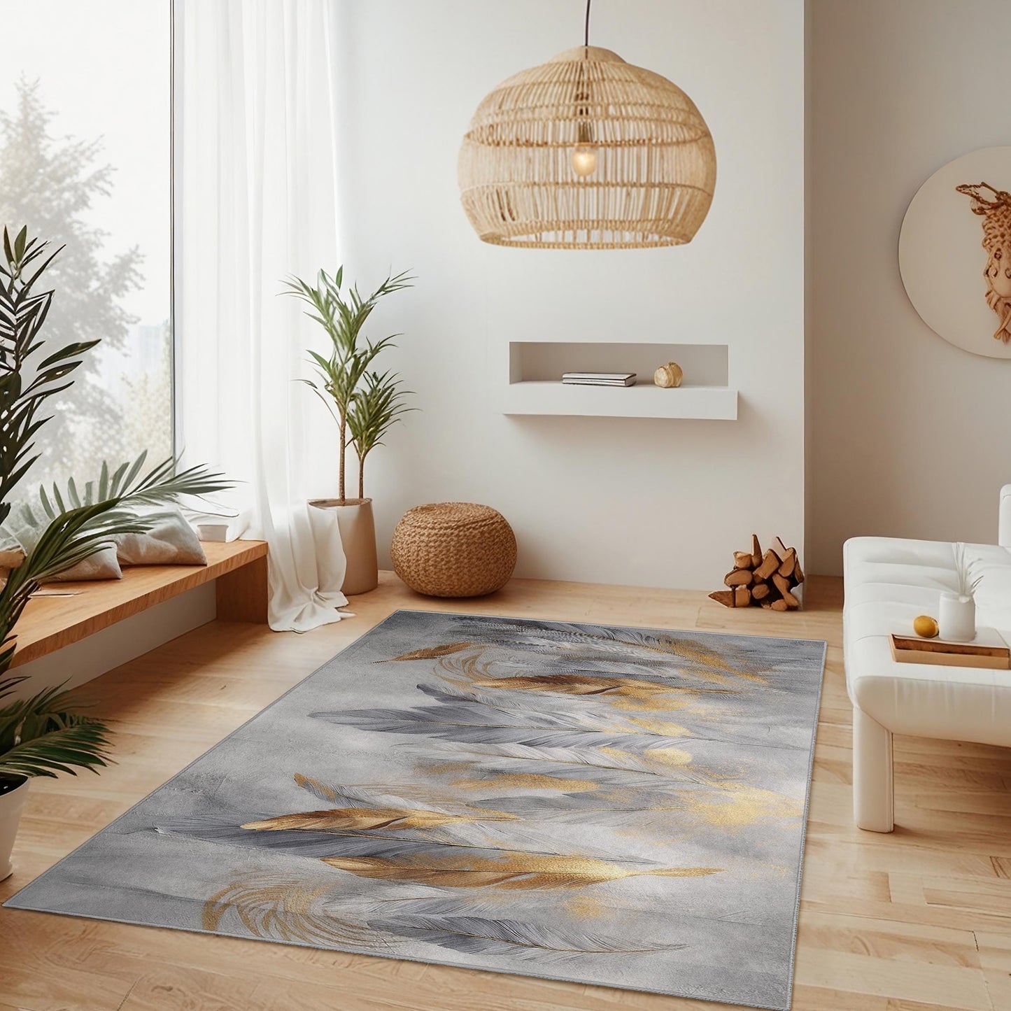 Eleganter rechteckiger Teppich mit Federdesign | Modernes Wohnambiente in Gold und Grau | Stilvoller Wohnzimmerteppich | Weiche, waschbare Fußmatte