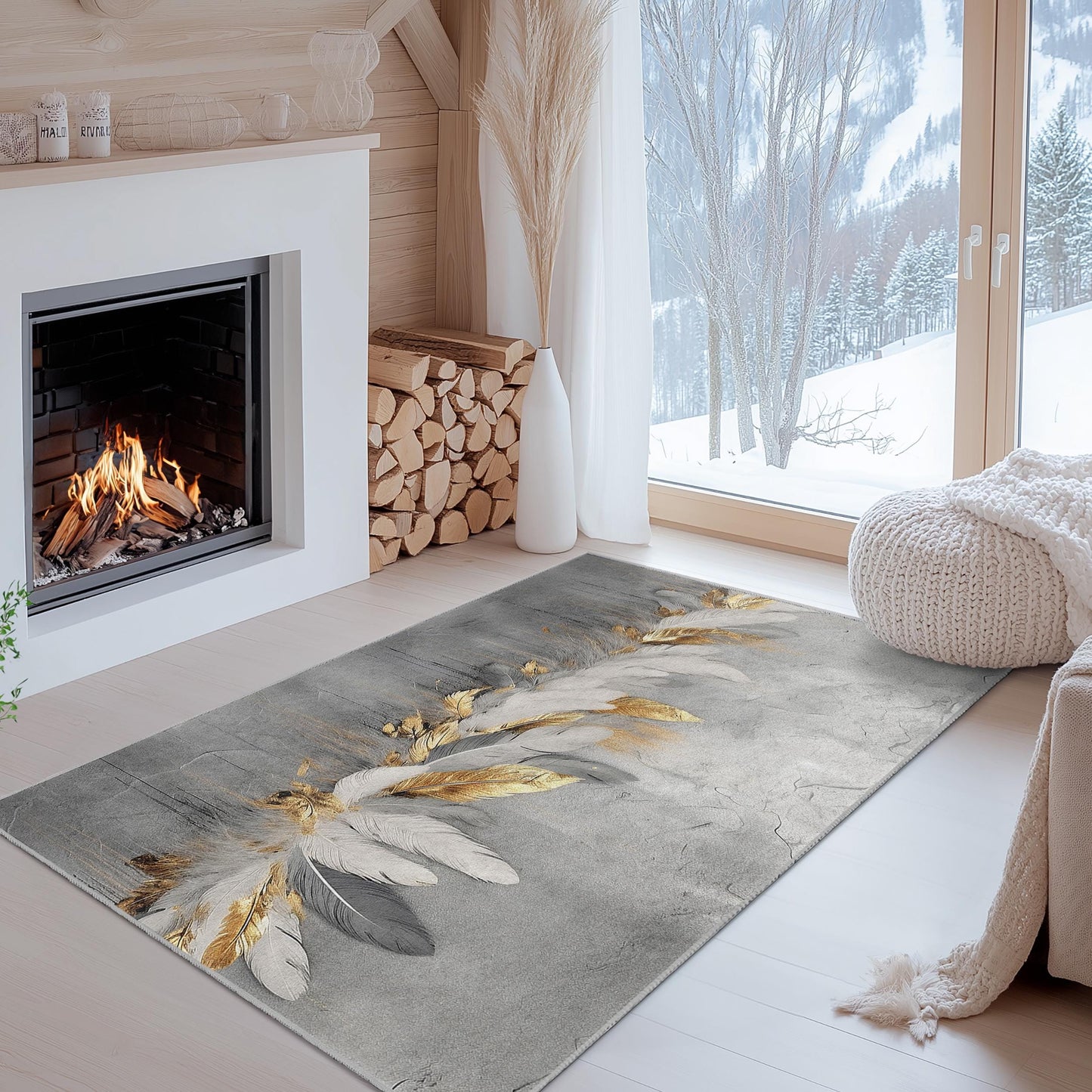 Eleganter rechteckiger Teppich mit Federdesign | Luxuriöser gold-weißer Teppich | Modernes Wohnambiente | Stilvoller Teppich