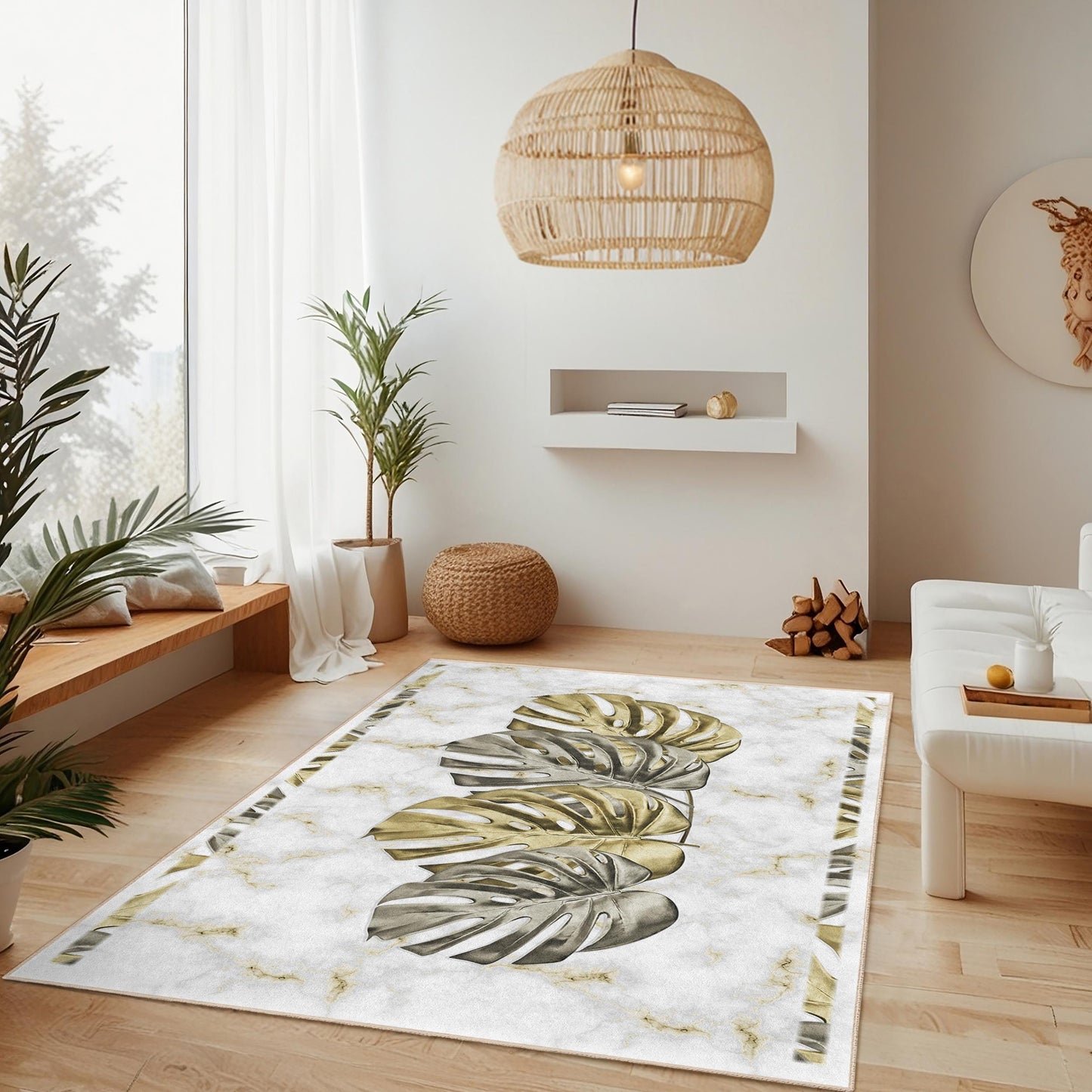 Eleganter rechteckiger Teppich mit Monstera-Blättern | Teppich mit Marmormuster fürs Wohnzimmer | Luxuriöse Wohndekoration | Stilvolle Bodenmatte mit botanischem Motiv