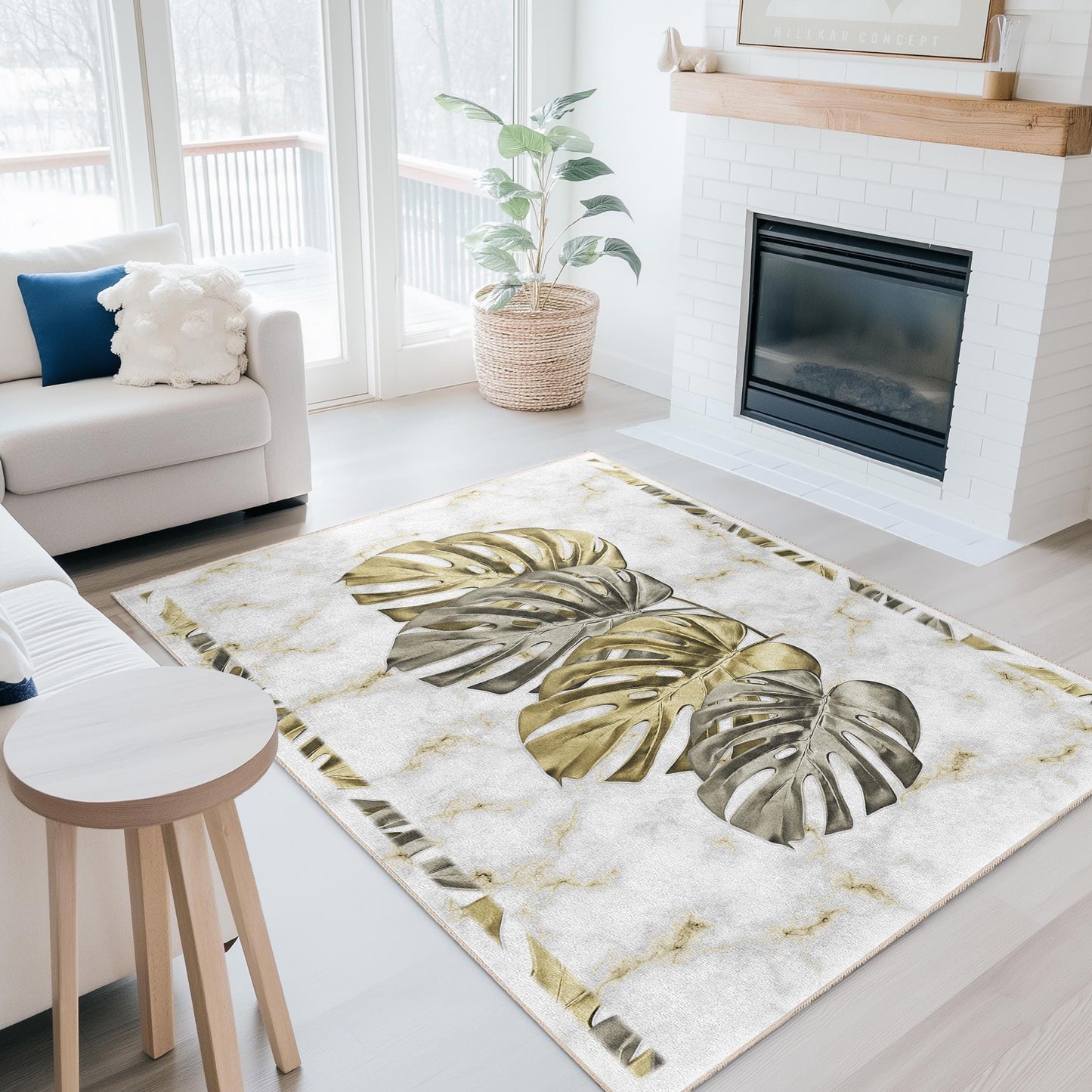 Eleganter rechteckiger Teppich mit Monstera-Blättern | Teppich mit Marmormuster fürs Wohnzimmer | Luxuriöse Wohndekoration | Stilvolle Bodenmatte mit botanischem Motiv