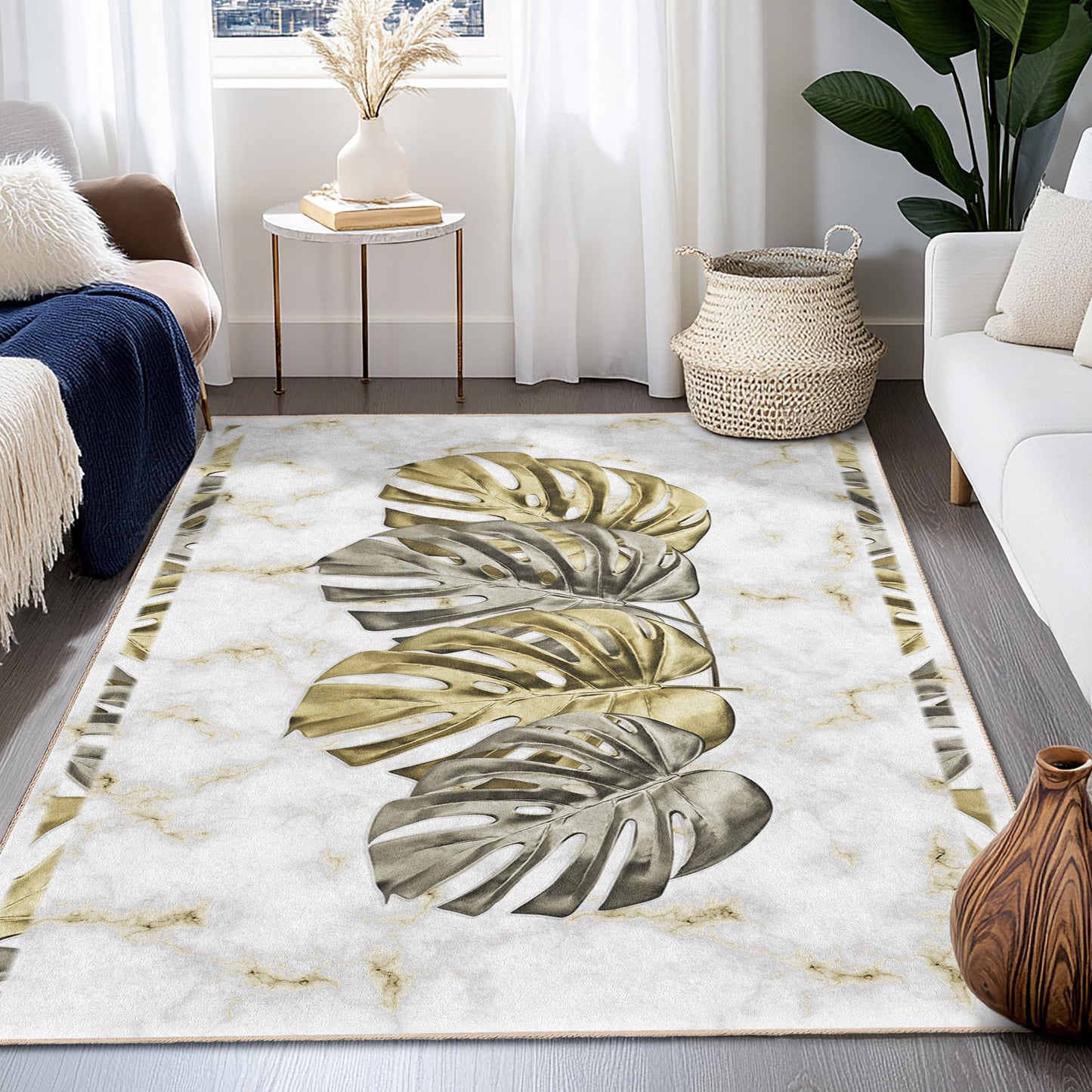 Eleganter rechteckiger Teppich mit Monstera-Blättern | Teppich mit Marmormuster fürs Wohnzimmer | Luxuriöse Wohndekoration | Stilvolle Bodenmatte mit botanischem Motiv