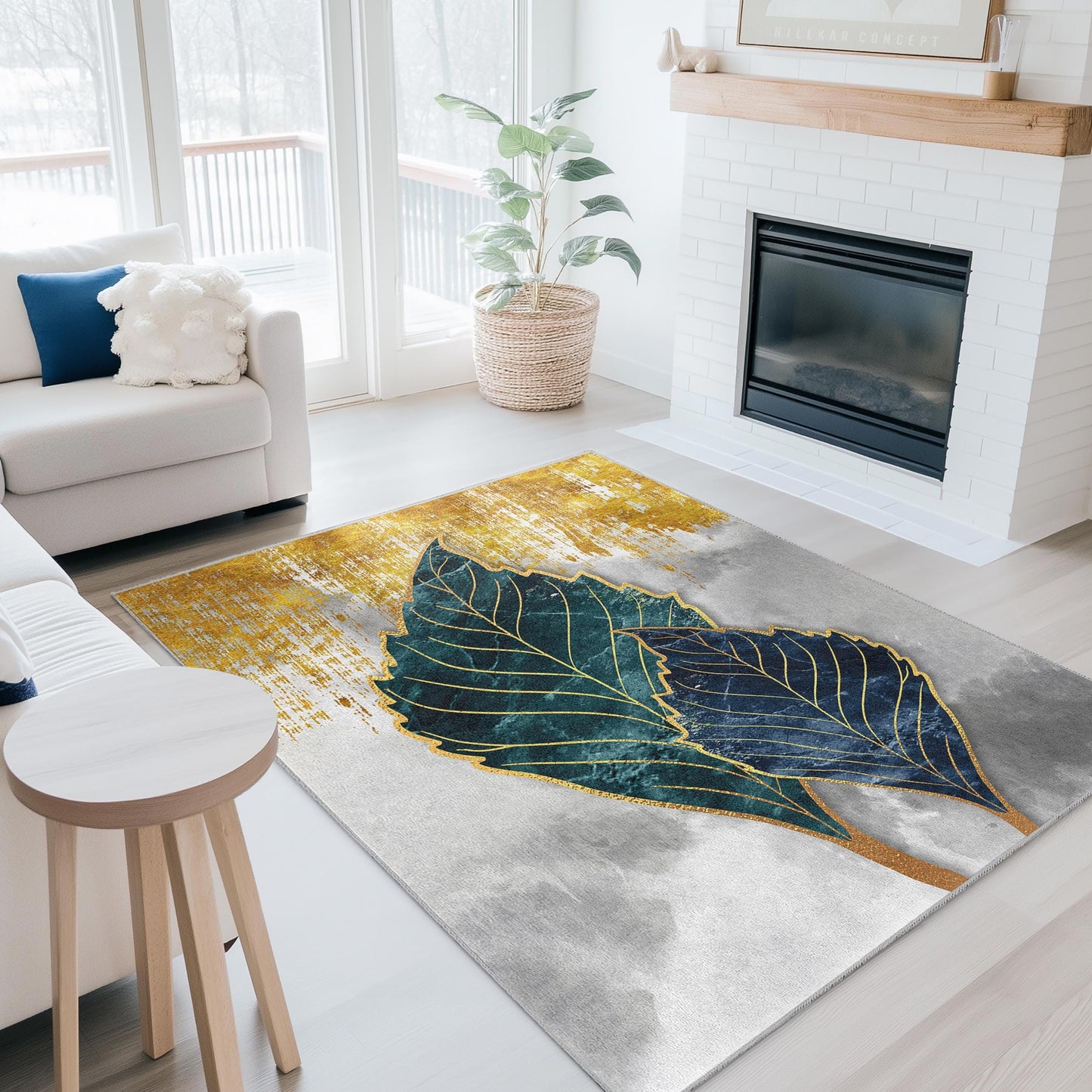 Eleganter rechteckiger Teppich mit blauem und goldenem Blattmuster | Moderner botanischer Fußmatten-Teppich | Luxuriöse Heimdekoration | Weicher Baumwollteppich