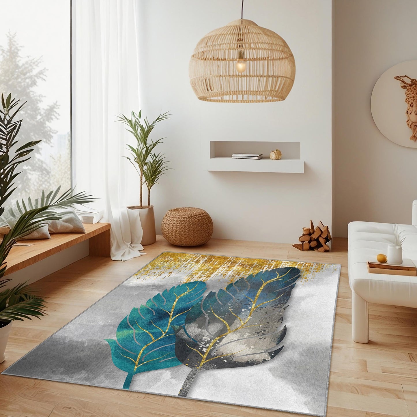 Waschbarer rechteckiger Teppich mit Feder- und Blätterdesign | Eleganter Teppich mit botanischem Blattmuster | Weiche Wohndekoration | Einzigartige Wohnzimmermatte