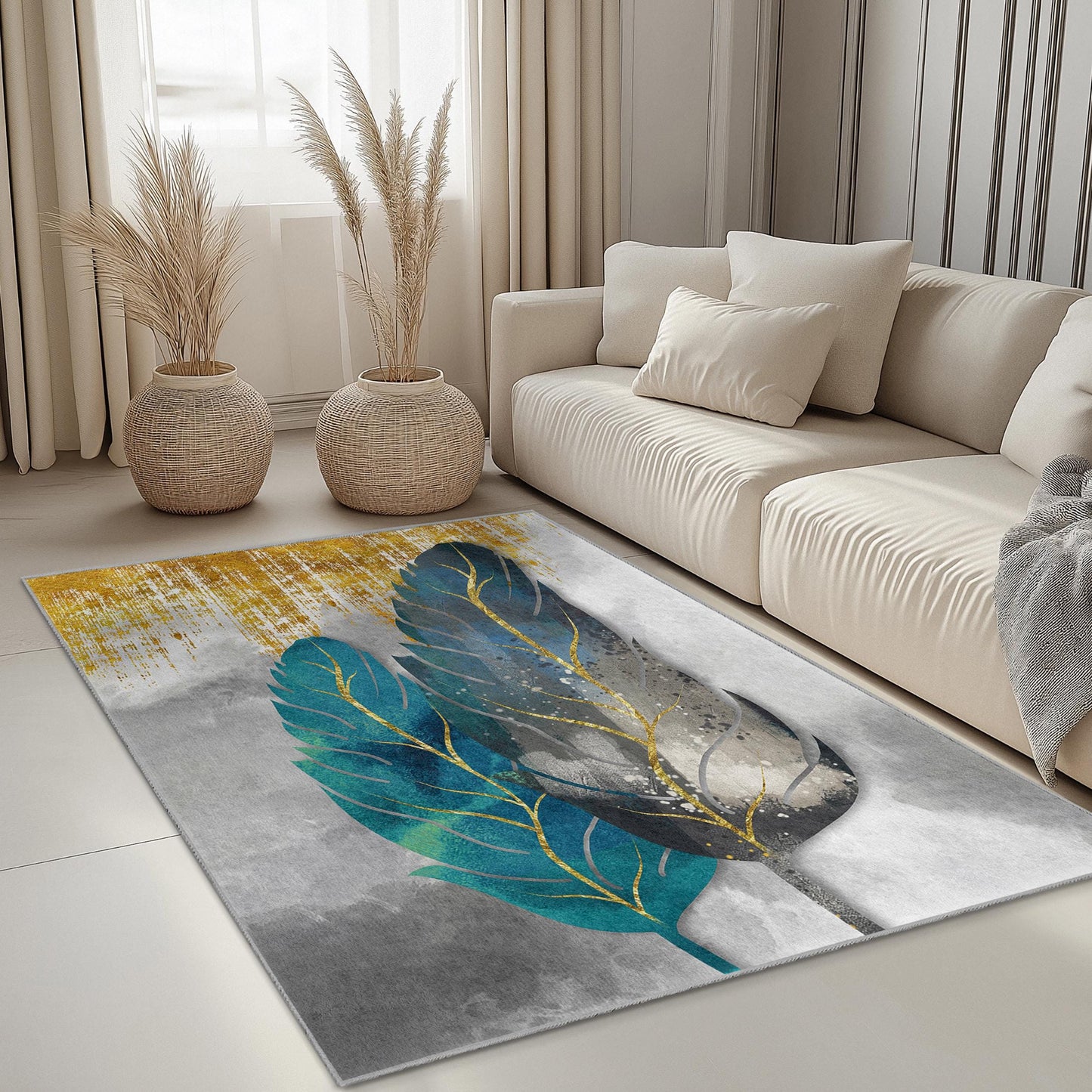 Waschbarer rechteckiger Teppich mit Feder- und Blätterdesign | Eleganter Teppich mit botanischem Blattmuster | Weiche Wohndekoration | Einzigartige Wohnzimmermatte