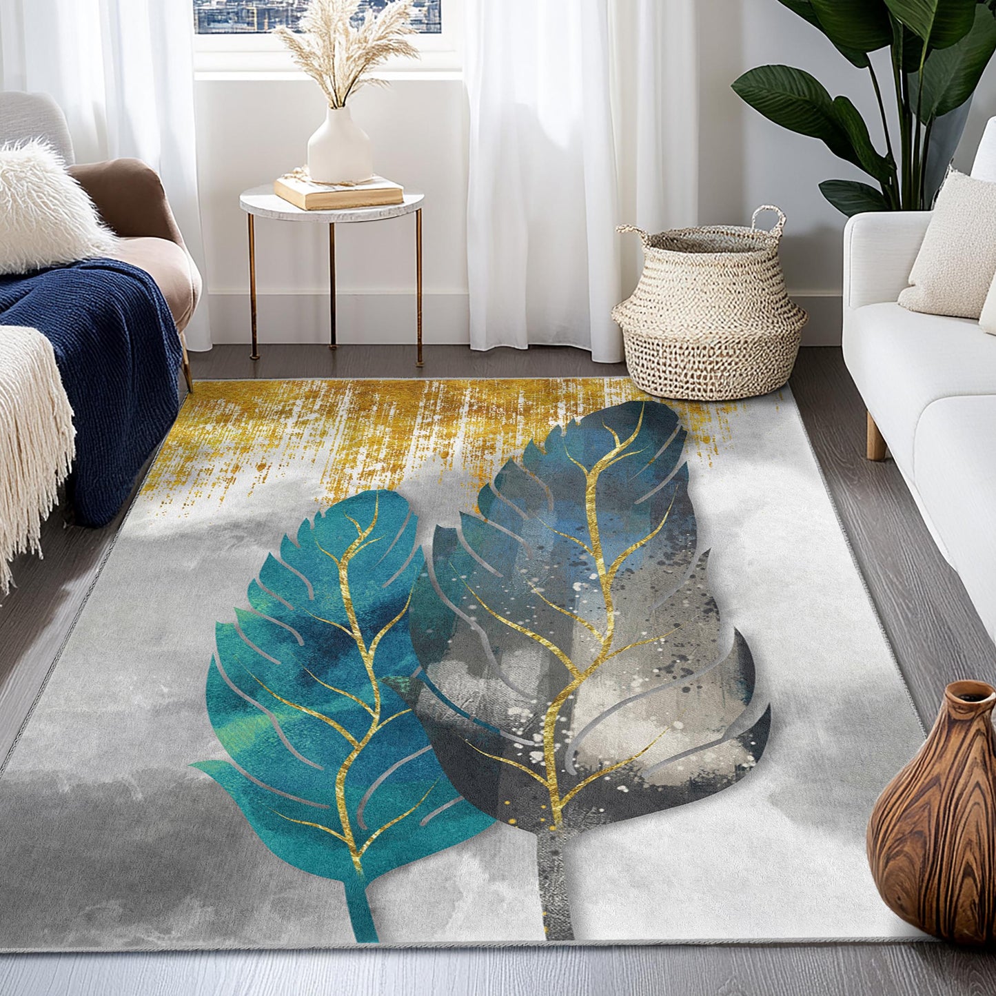 Feather Leaves Design Washable Rectangle Rug | Elegant Botanical Leaf Carpet | Soft Home Decor | Unique Living Room Mat