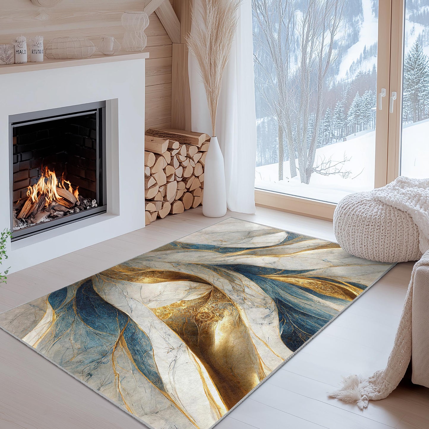 Eleganter, abstrakter rechteckiger Teppich in Blau und Gold | Luxuriöse, moderne Wohnaccessoires | Weicher und waschbarer Teppich fürs Wohnzimmer