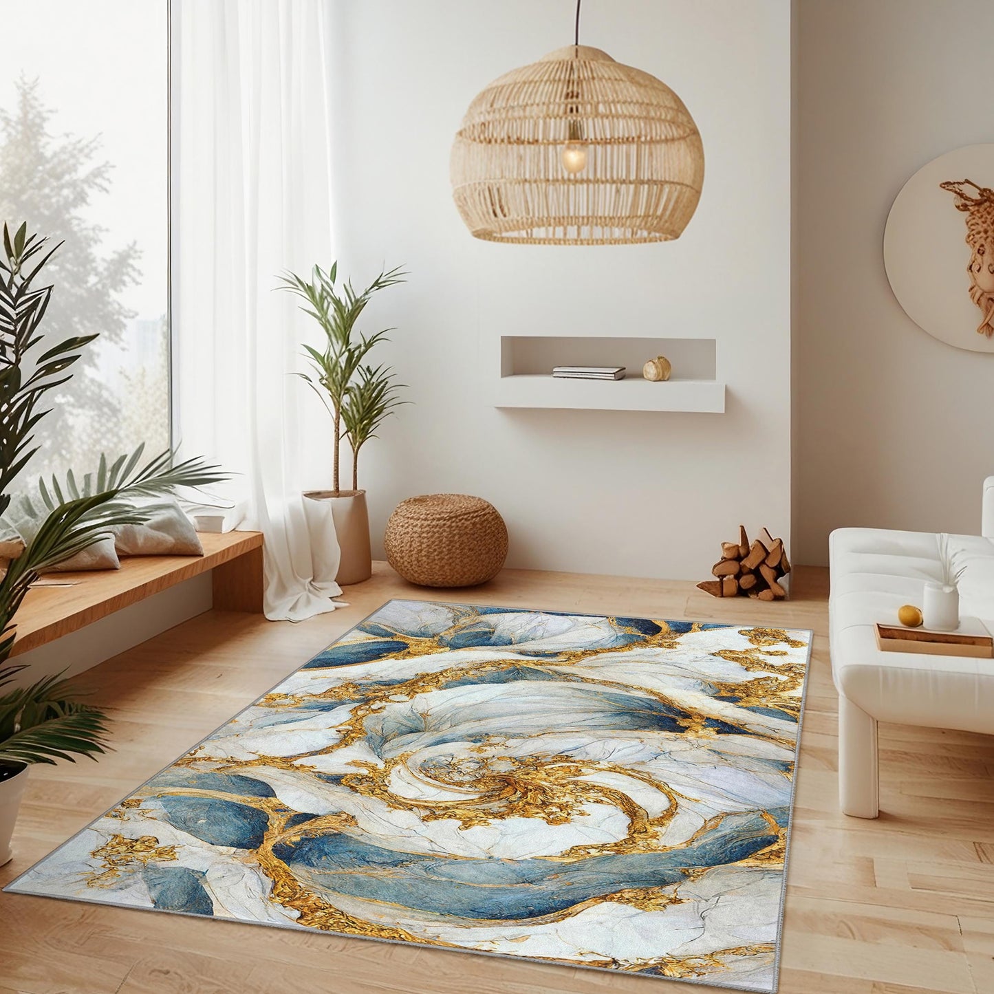 Eleganter, abstrakter rechteckiger Teppich in Blau und Gold | Modernes Wohnambiente | Luxuriöser Wohnzimmerteppich | Künstlerische Fußmatte