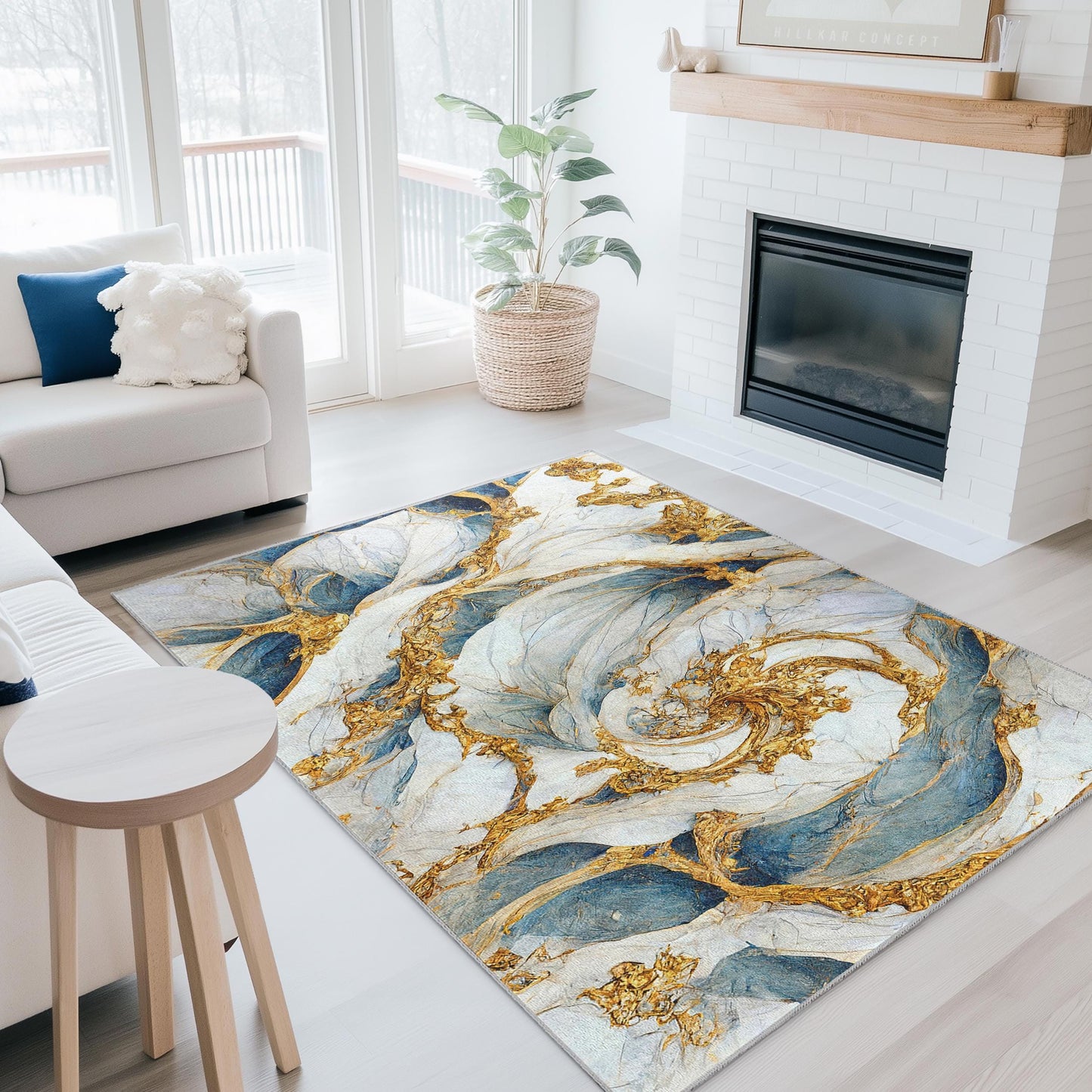 Eleganter, abstrakter rechteckiger Teppich in Blau und Gold | Modernes Wohnambiente | Luxuriöser Wohnzimmerteppich | Künstlerische Fußmatte