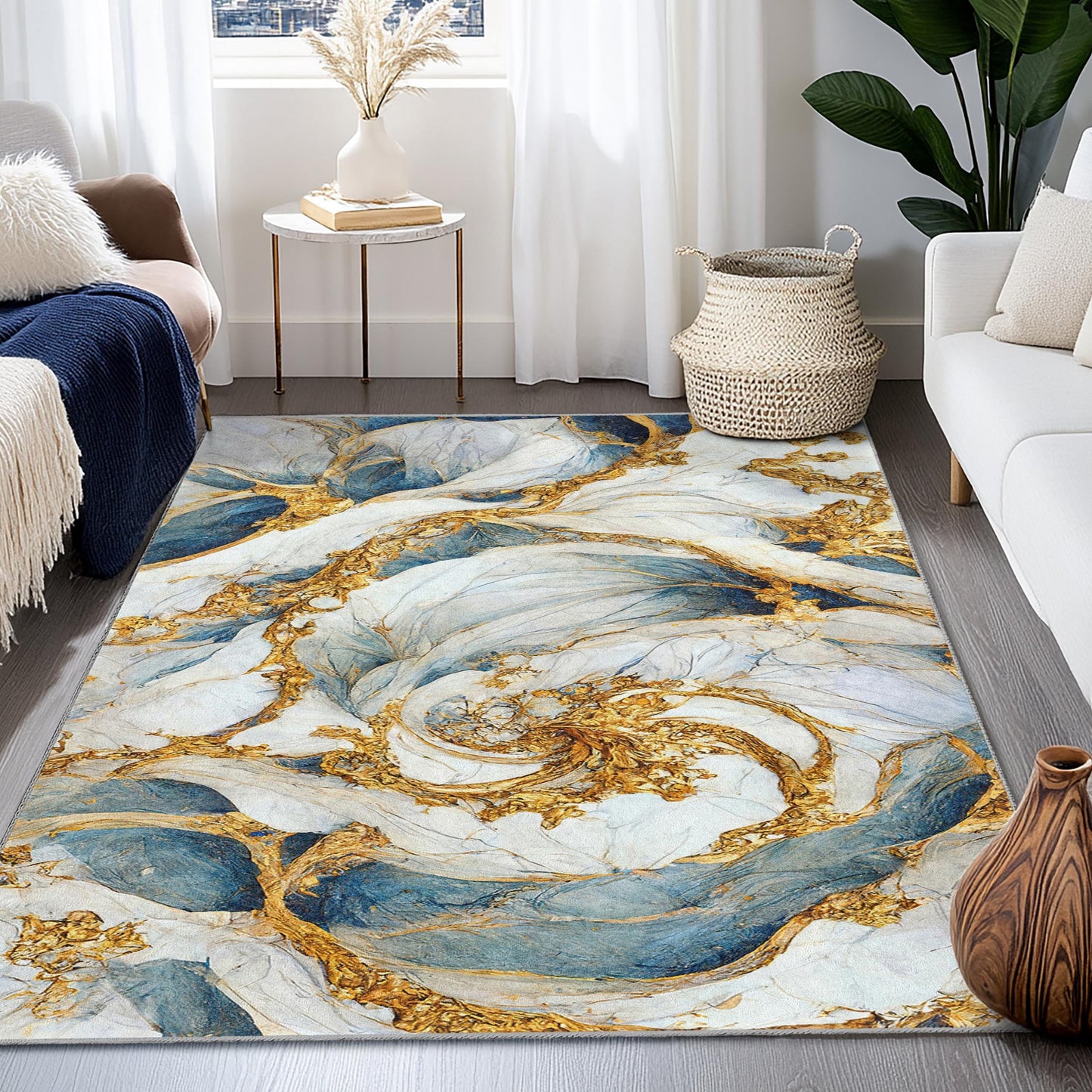 Eleganter, abstrakter rechteckiger Teppich in Blau und Gold | Modernes Wohnambiente | Luxuriöser Wohnzimmerteppich | Künstlerische Fußmatte