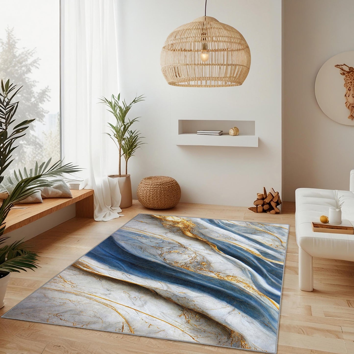 Luxuriöser rechteckiger Teppich aus blauem und goldenem Marmor | Eleganter Wohnteppich | Weicher und waschbarer Wohnzimmerteppich