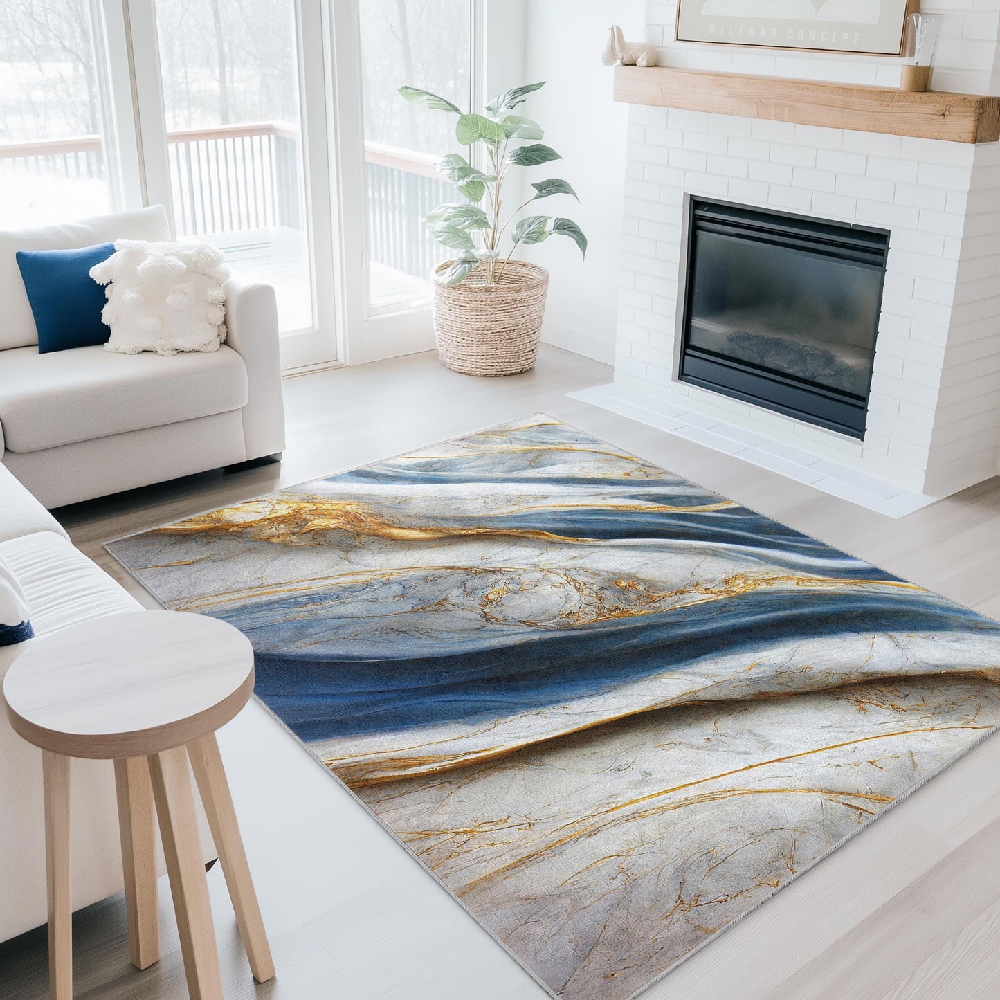 Luxuriöser rechteckiger Teppich aus blauem und goldenem Marmor | Eleganter Wohnteppich | Weicher und waschbarer Wohnzimmerteppich
