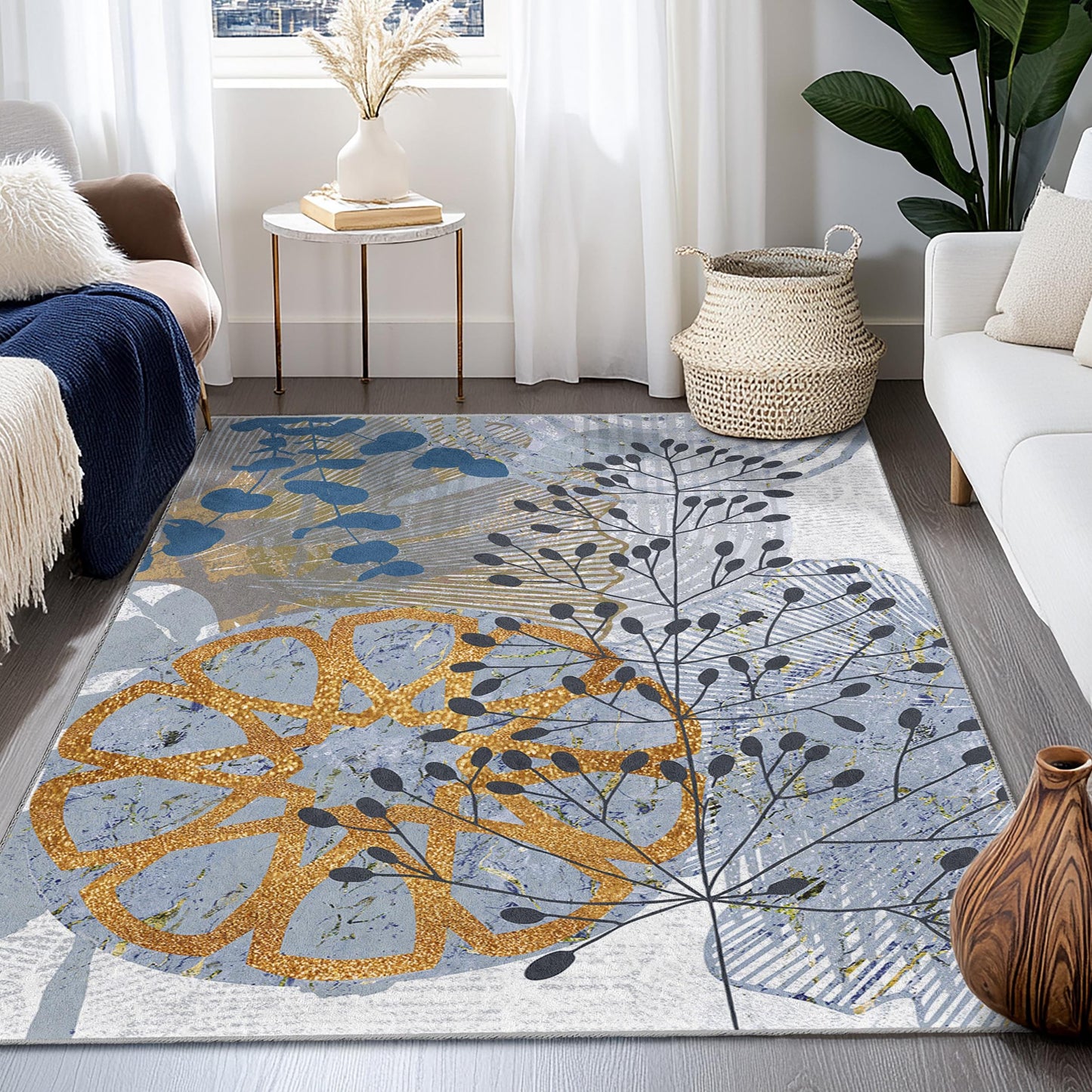 Rechteckiger Teppich mit botanischem Zitrusmuster | Modernes Blumendesign fürs Wohnzimmer | Stilvoller Wohnteppich | Weich und waschbar