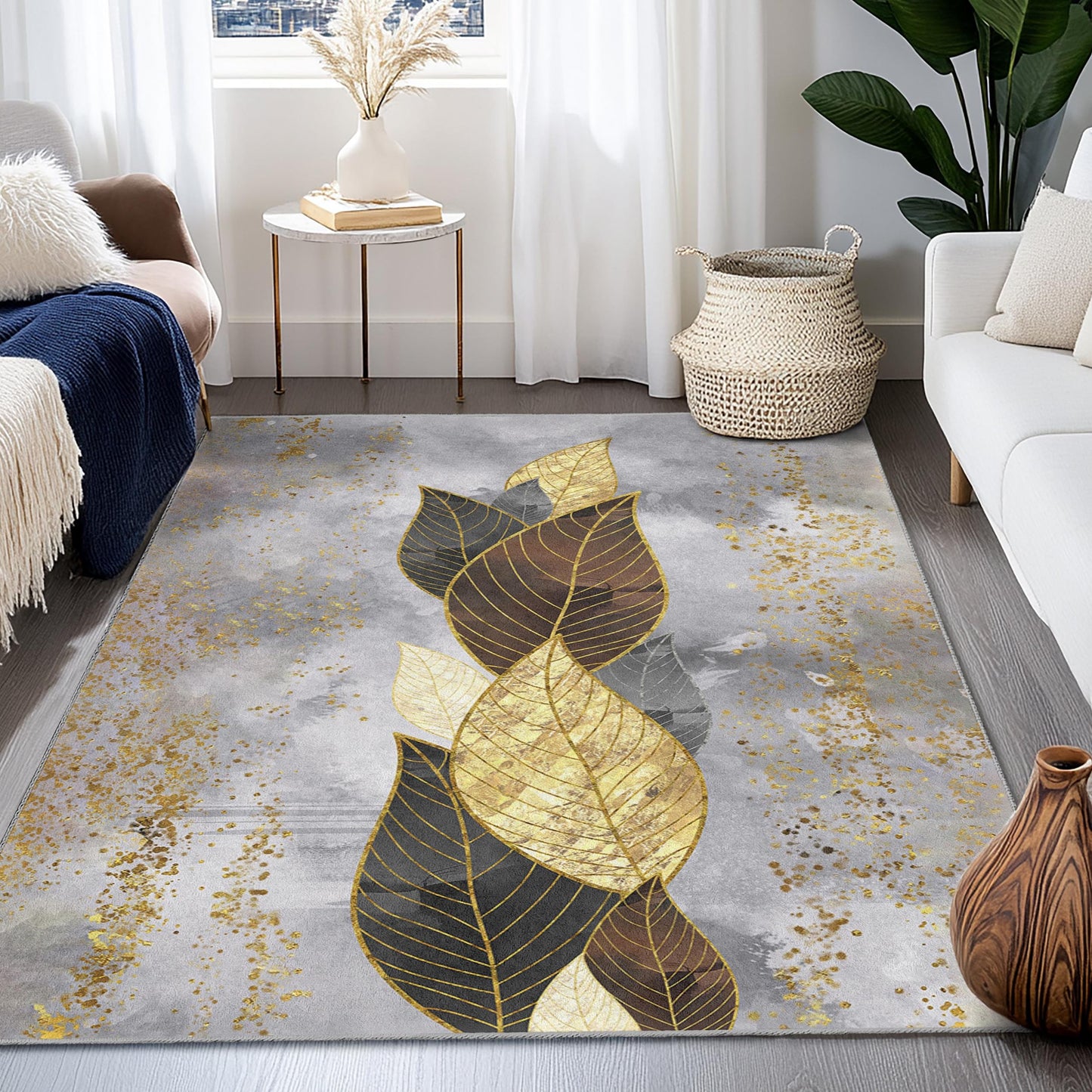 Gold Leaf Botanical Rug: Modern Elegant Home Decor