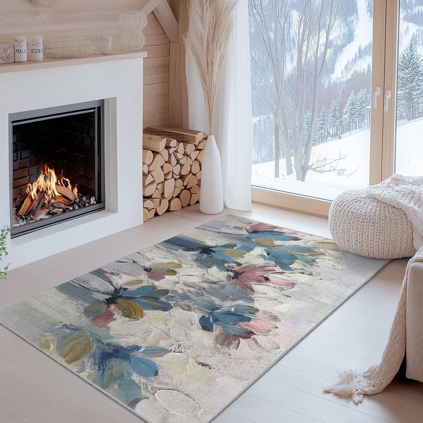 Rechteckiger Teppich mit abstraktem Blumenmuster | Weicher Baumwollteppich fürs Wohnzimmer | Modernes Wohnambiente | Eleganter Teppich mit Blumendruck