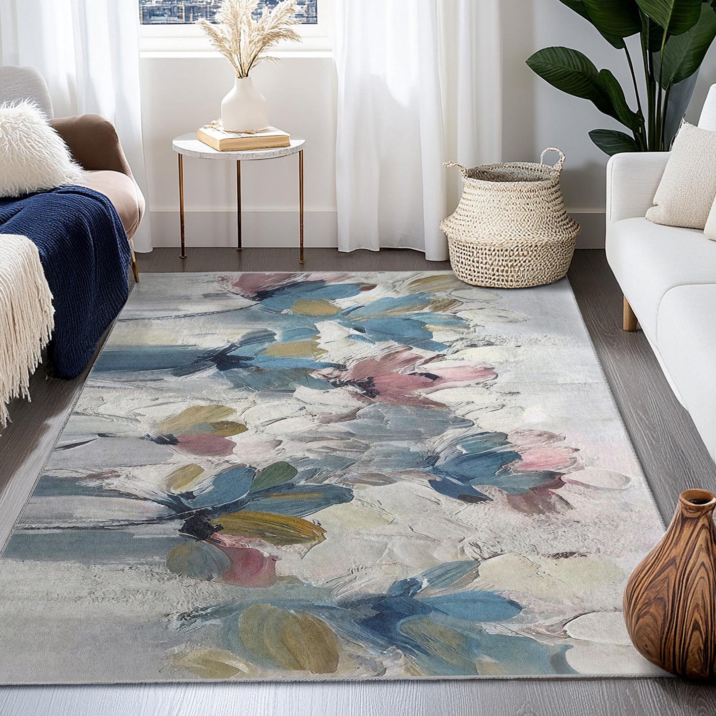 Rechteckiger Teppich mit abstraktem Blumenmuster | Weicher Baumwollteppich fürs Wohnzimmer | Modernes Wohnambiente | Eleganter Teppich mit Blumendruck