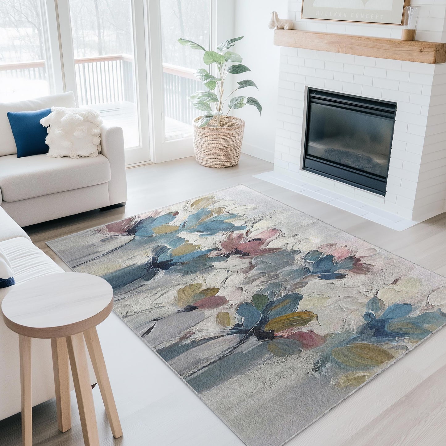Rechteckiger Teppich mit abstraktem Blumenmuster | Weicher Baumwollteppich fürs Wohnzimmer | Modernes Wohnambiente | Eleganter Teppich mit Blumendruck