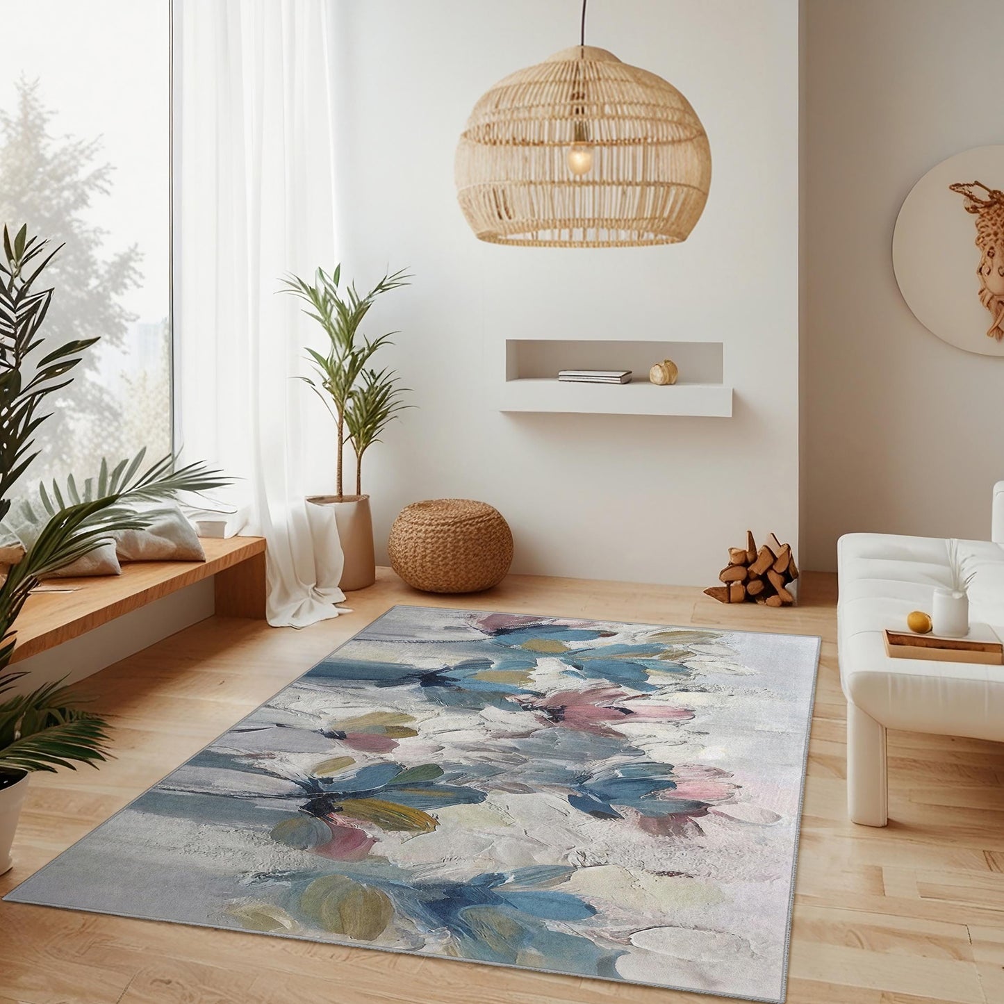 Rechteckiger Teppich mit abstraktem Blumenmuster | Weicher Baumwollteppich fürs Wohnzimmer | Modernes Wohnambiente | Eleganter Teppich mit Blumendruck
