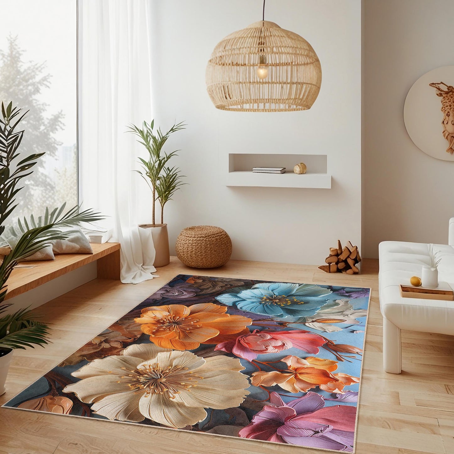 Rechteckiger Teppich mit lebhaftem Blumenmuster | Teppich mit floralem Design | Weiche Baumwolle | Elegante Blumenmatte