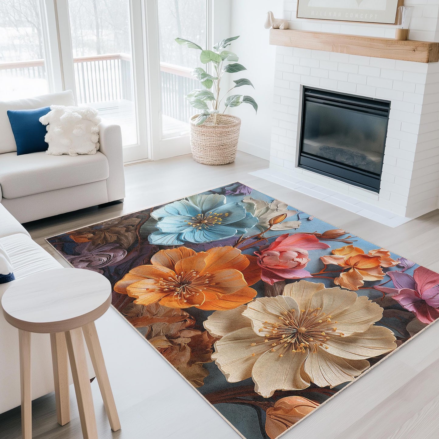 Rechteckiger Teppich mit lebhaftem Blumenmuster | Teppich mit floralem Design | Weiche Baumwolle | Elegante Blumenmatte