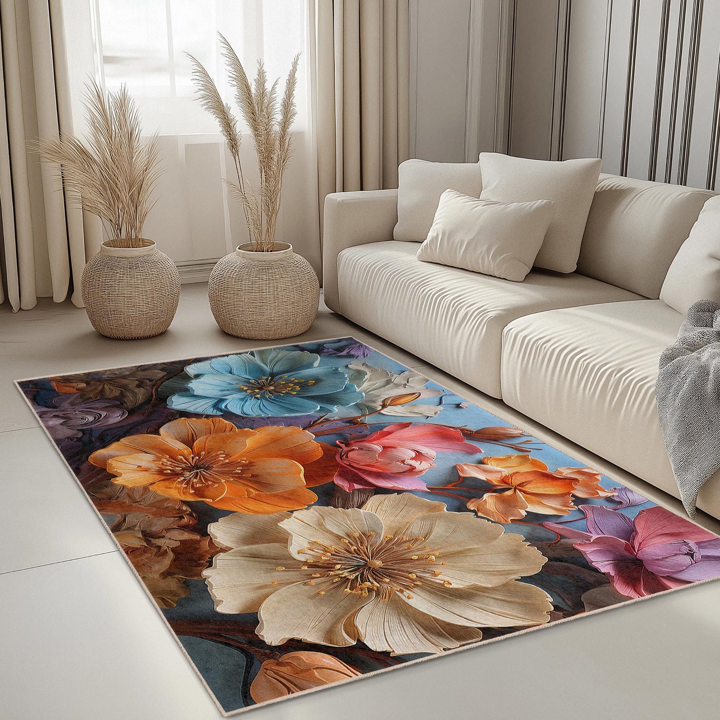 Rechteckiger Teppich mit lebhaftem Blumenmuster | Teppich mit floralem Design | Weiche Baumwolle | Elegante Blumenmatte