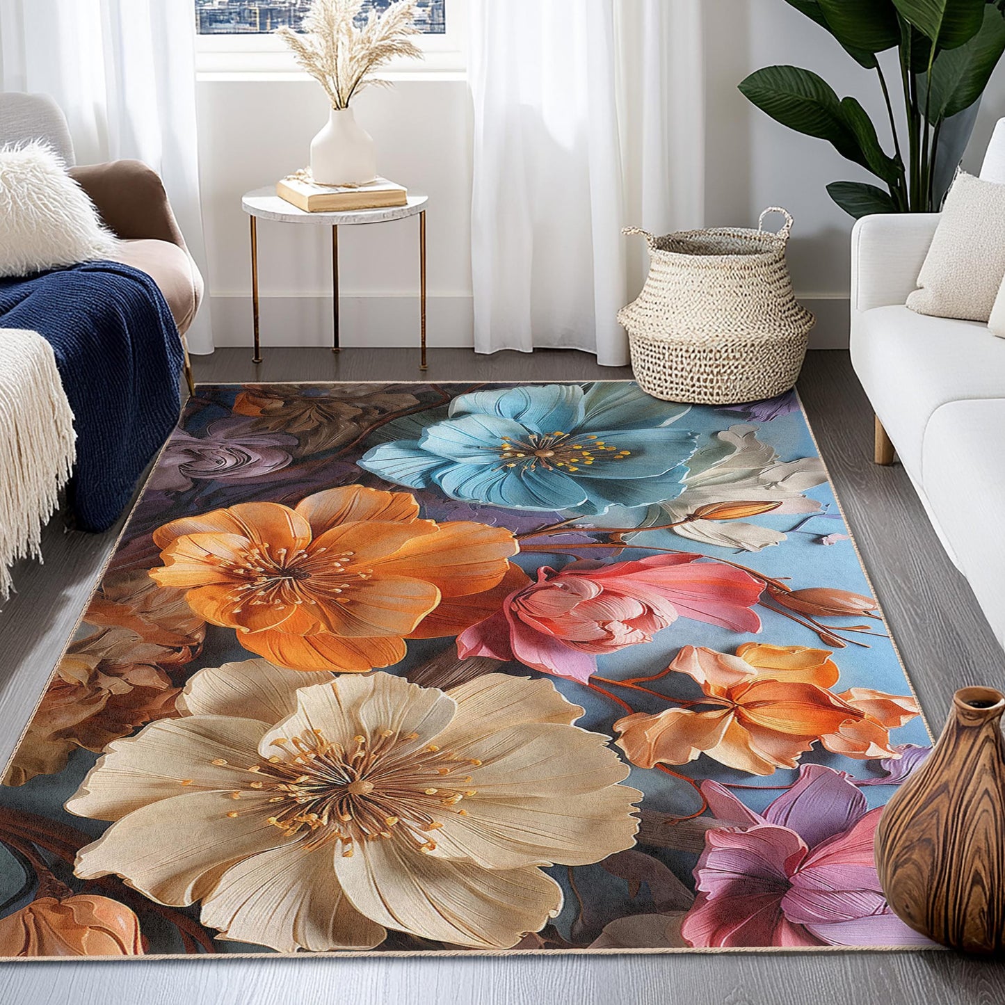 Rechteckiger Teppich mit lebhaftem Blumenmuster | Teppich mit floralem Design | Weiche Baumwolle | Elegante Blumenmatte