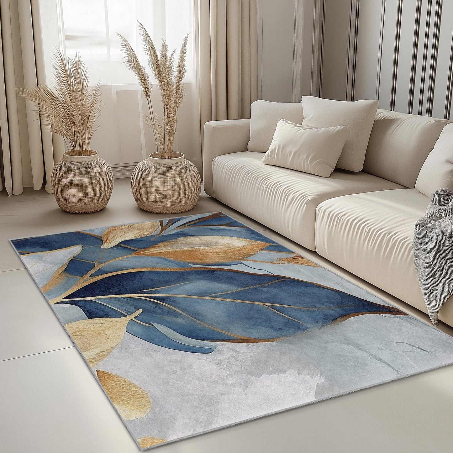 Eleganter rechteckiger Teppich mit blauem und goldenem Blattmuster | Moderner botanischer Teppich fürs Wohnzimmer | Stilvolle Wohndekoration