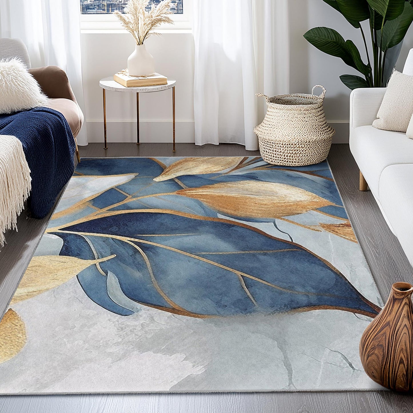 Elegant Blue and Gold Leaf Design Rectangle Rug | Modern Botanical Carpet for Living Room | Stylish Home Decor