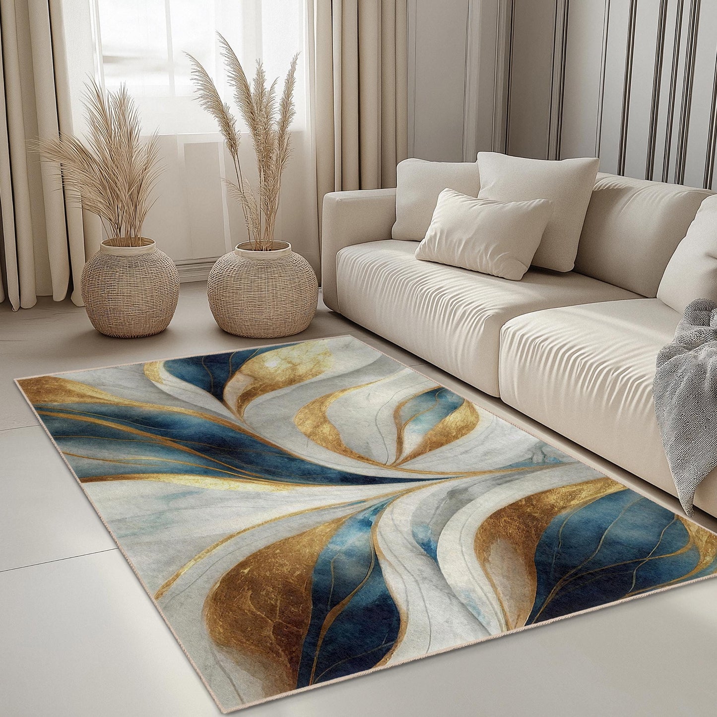 Eleganter rechteckiger Teppich mit gold-blauem Blumenmuster | Luxuriöse Wohnaccessoires | Weicher Baumwollteppich | Hochauflösender Druck