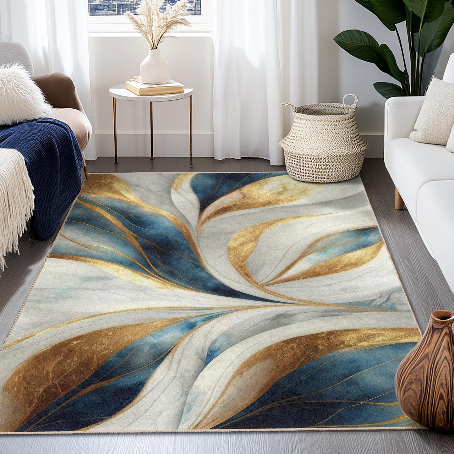 Eleganter rechteckiger Teppich mit gold-blauem Blumenmuster | Luxuriöse Wohnaccessoires | Weicher Baumwollteppich | Hochauflösender Druck