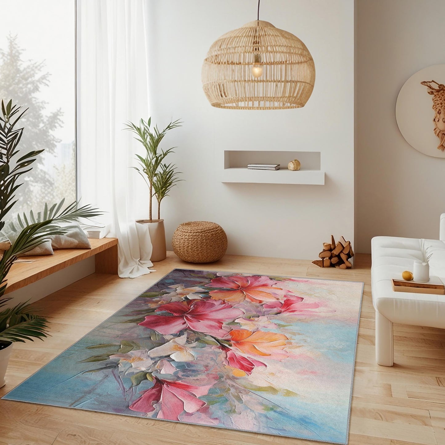 Rechteckiger Teppich mit lebendigem Blumenmuster | Weicher Baumwollteppich fürs Wohnzimmer | Luxuriöser Wohnteppich mit Blumendruck