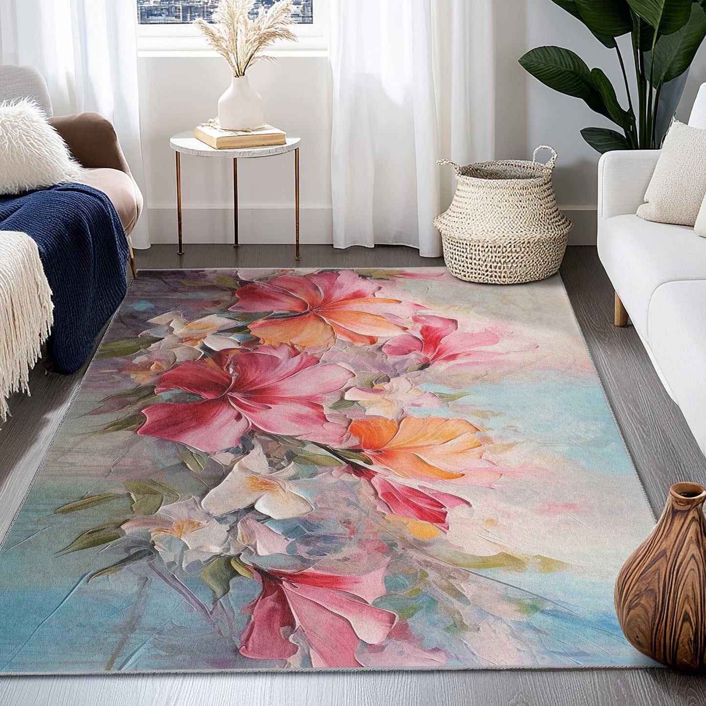 Rechteckiger Teppich mit lebendigem Blumenmuster | Weicher Baumwollteppich fürs Wohnzimmer | Luxuriöser Wohnteppich mit Blumendruck