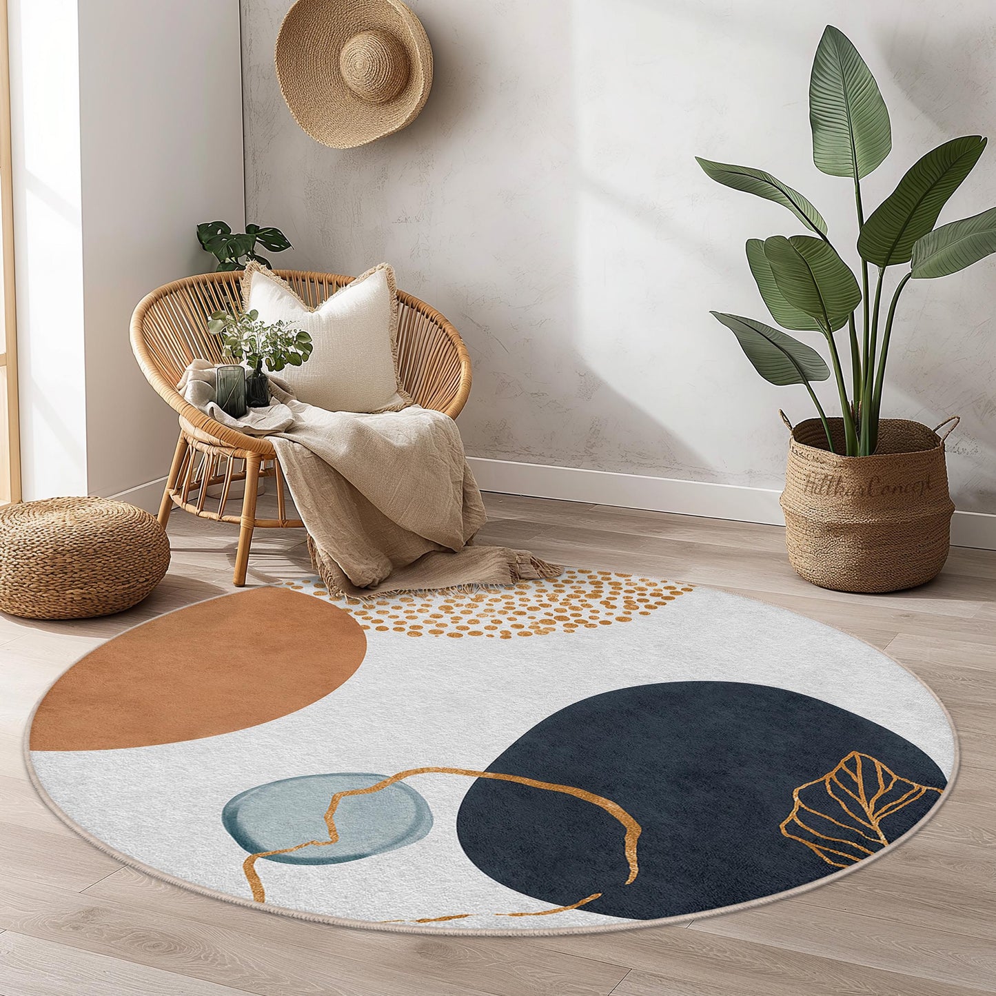 Abstrakter runder Teppich | Moderner Baumwollteppich | Boho-Chic-Wohndeko | Stilvolle runde Fußmatte