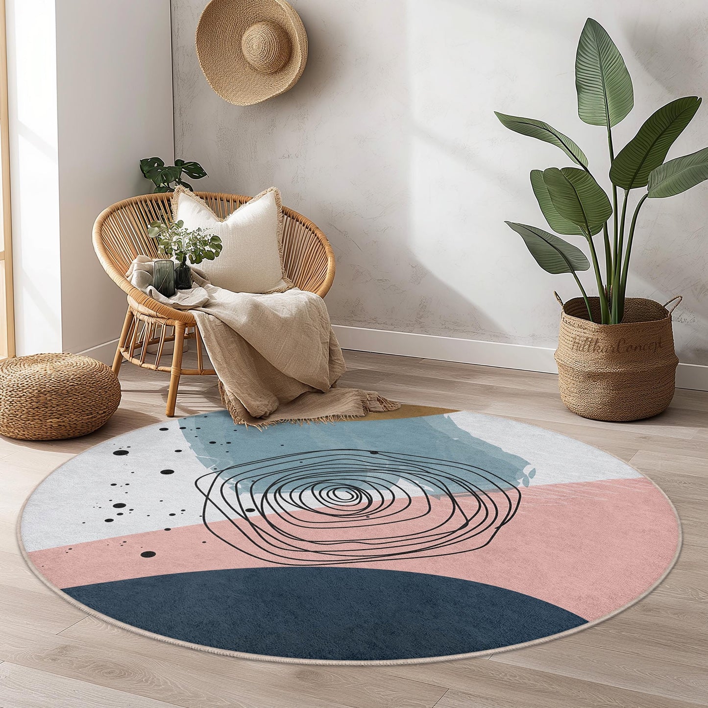 Waschbarer runder Teppich mit abstraktem Kreisdesign | Moderner Wohnteppich | Weiche Baumwollmatte | Stilvoller Akzent fürs Wohnzimmer